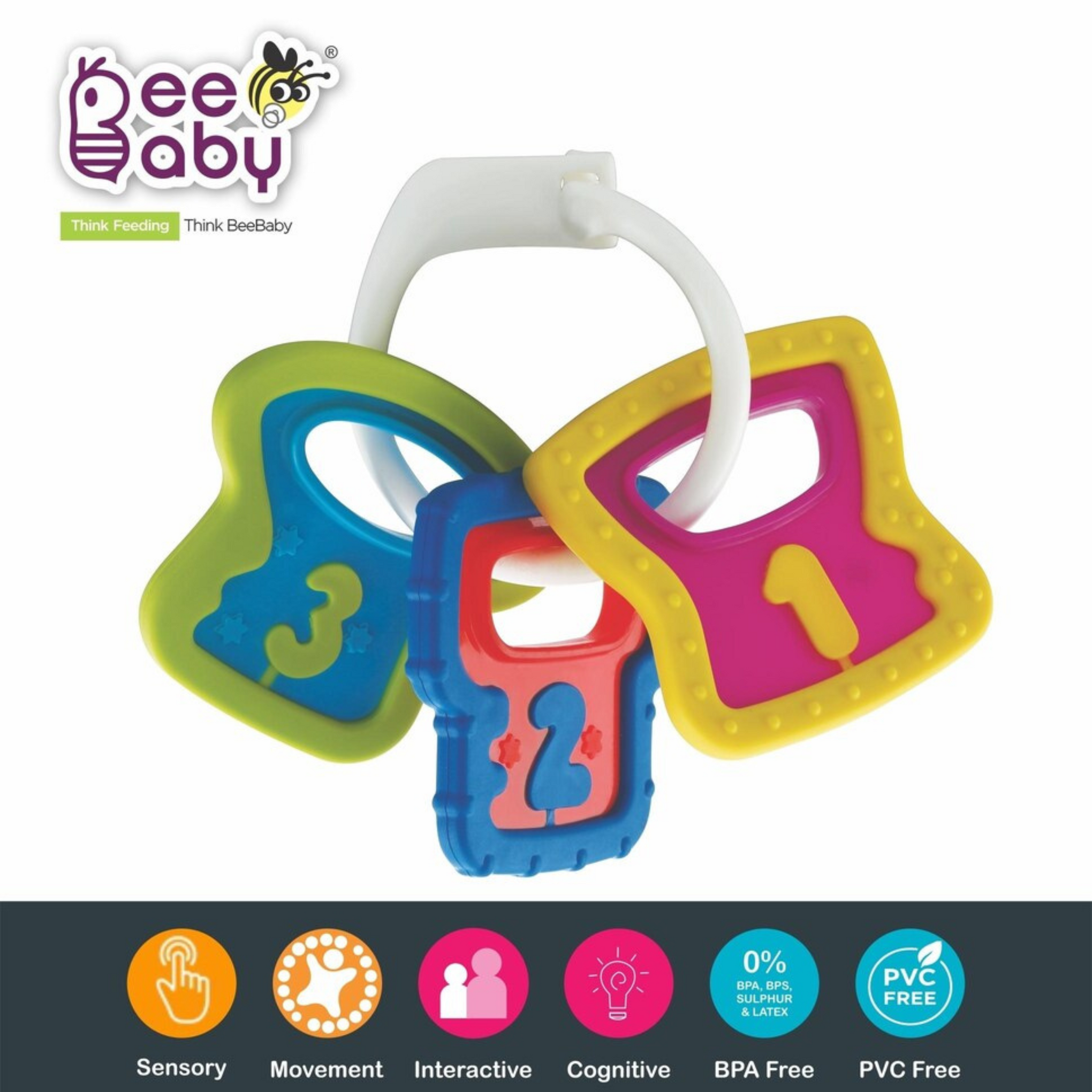 BeeBaby My First Keys, Hard & Soft Teether / Rattle. 100% BPA Free. Teether (Multicolor)