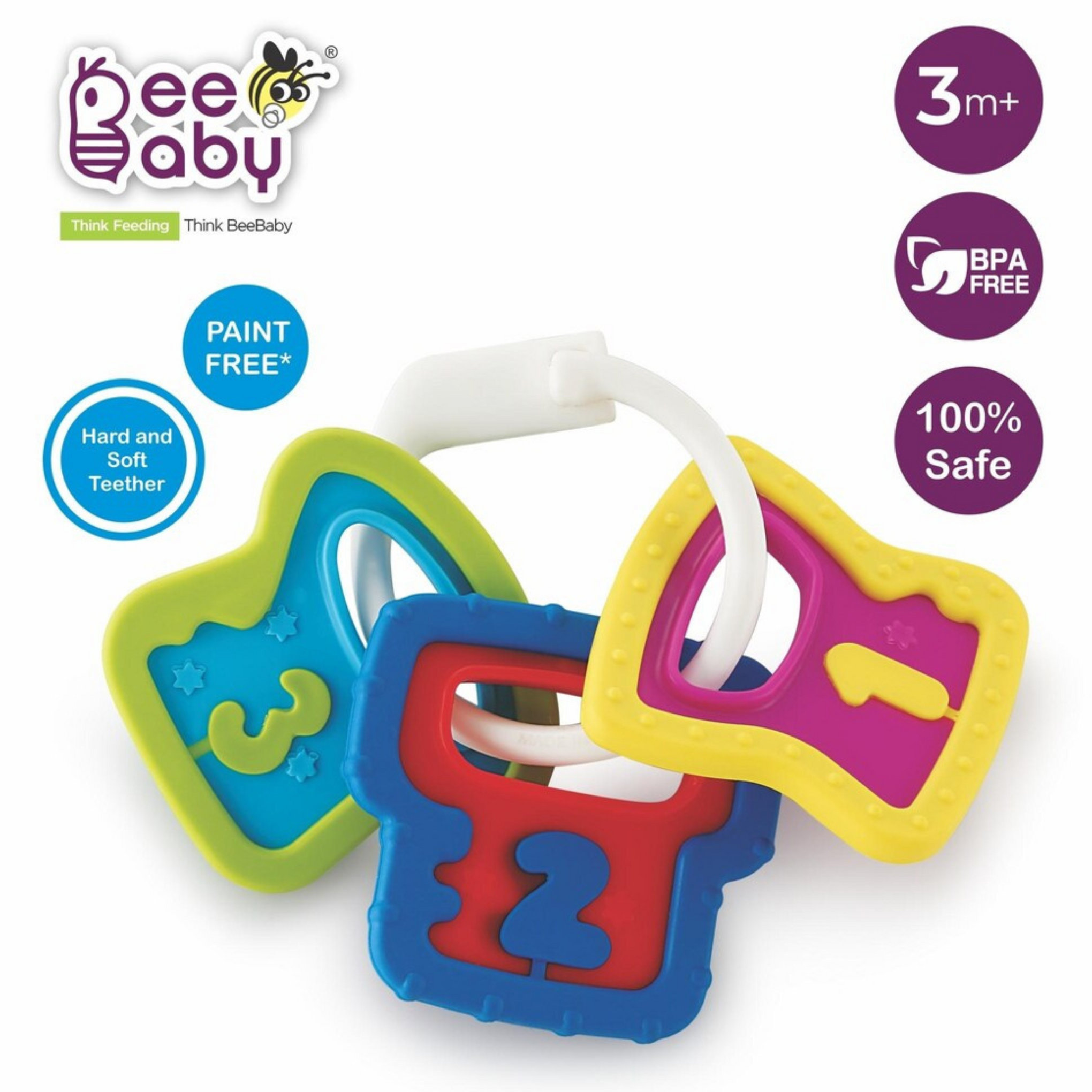 BeeBaby My First Keys, Hard & Soft Teether / Rattle. 100% BPA Free. Teether (Multicolor)