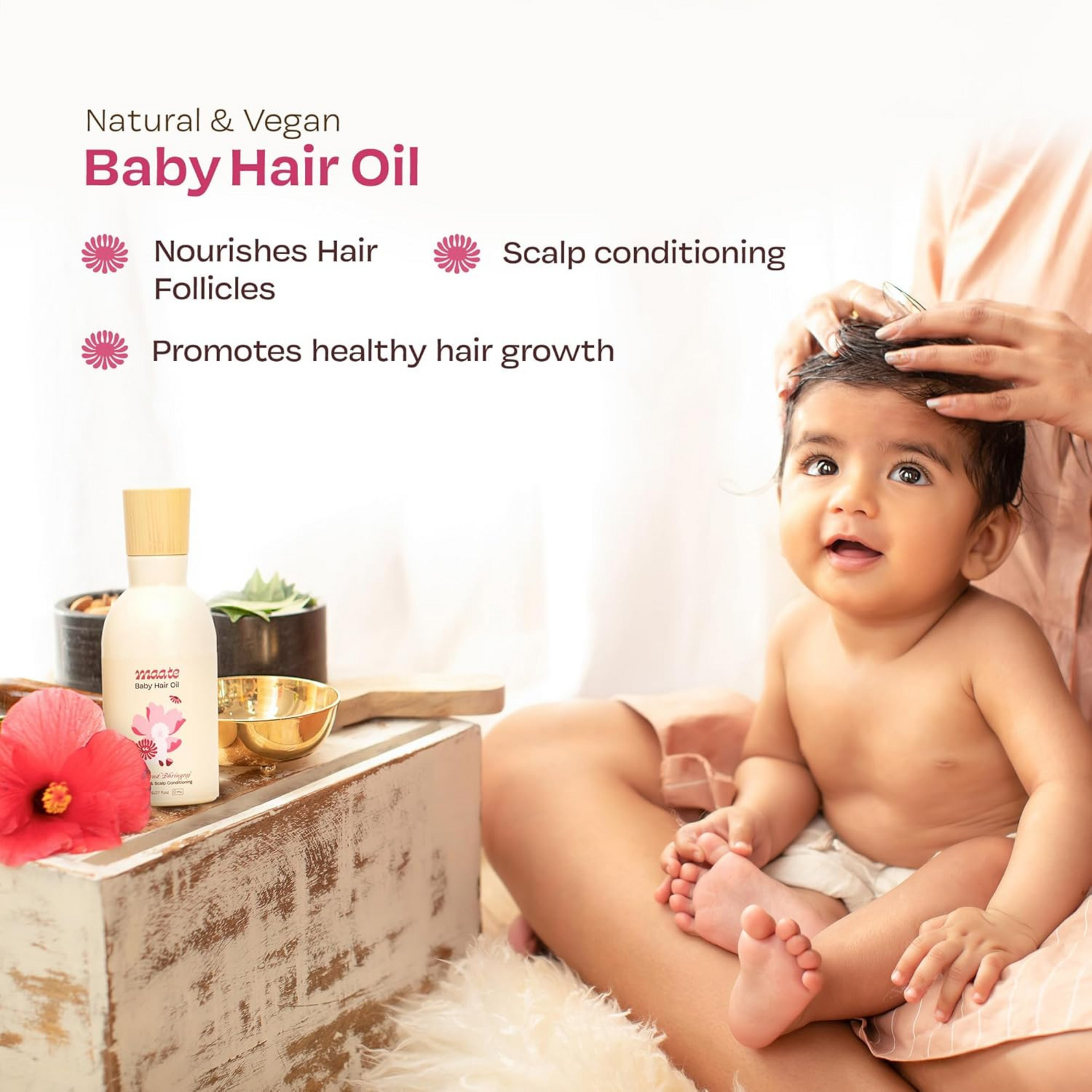 Maate Baby Hair Oil | Enriched With Hibiscus, Bhringraj & Vitamin Rich Almond Oil | For Healthy Hair, Scalp Conditioning, Moisturizes & Soothes Hair | Baby Hair Oil 0-12 Years | Baby Hair Oil