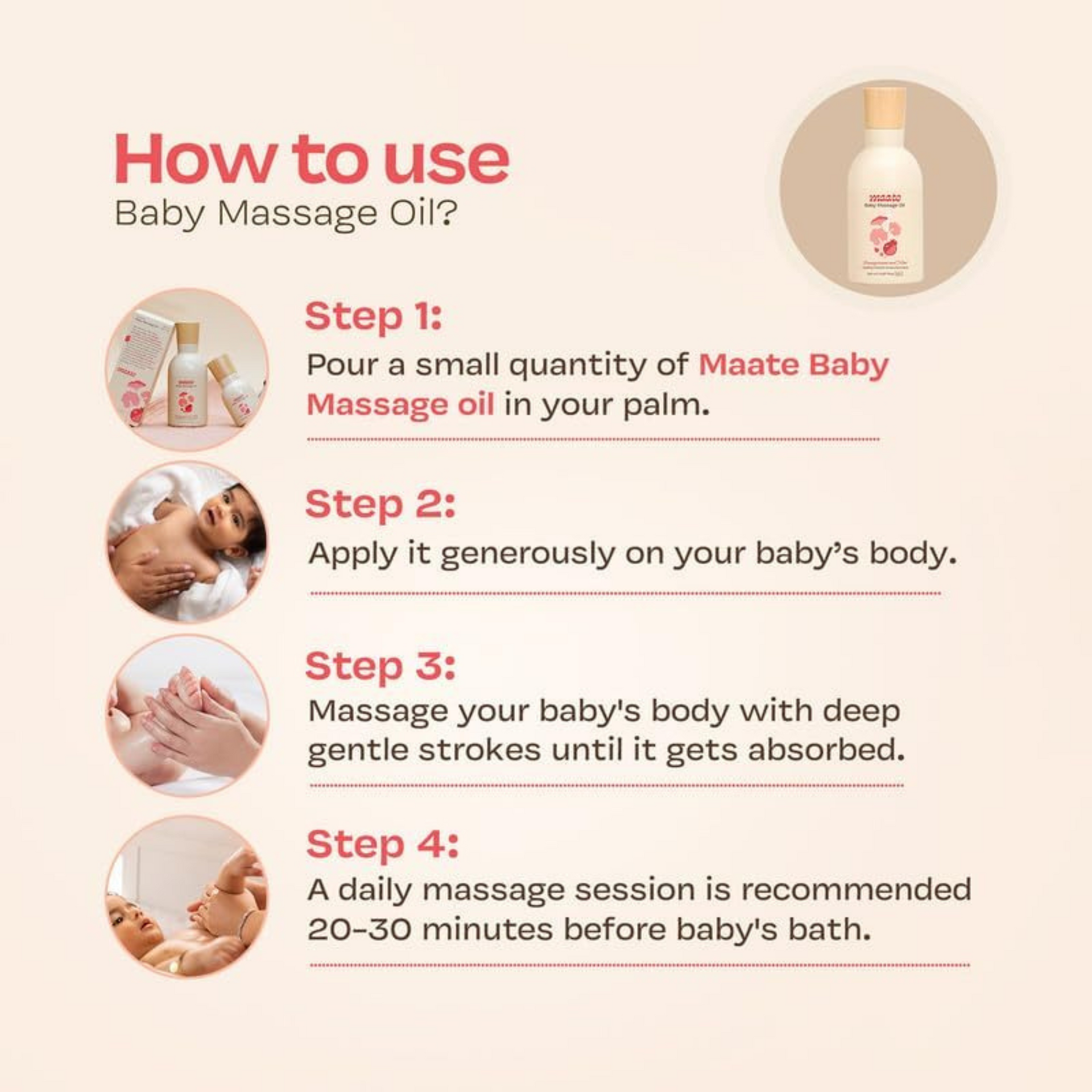 Maate Baby Massage Oil 150ml | Massage Oil for Newborn Baby & Kids | Enrich with Brahmi, Noni & Pomegranate Seed Oil | Light & Non-Sticky | Baby Massage Oil 0-12yr | Gentle Baby's Skin | Cruelty-Free