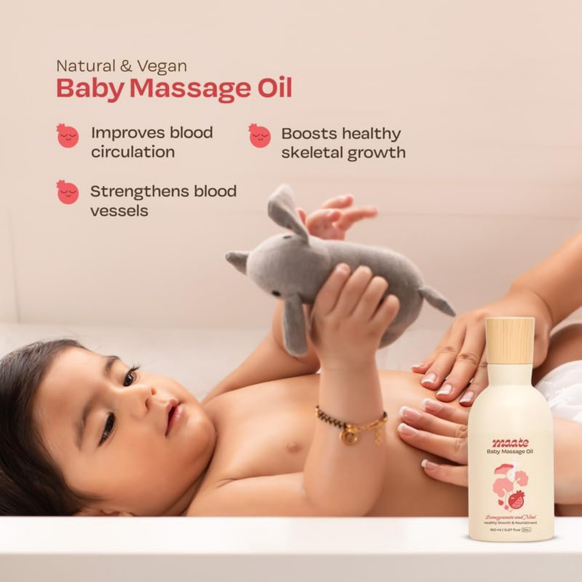 Maate Baby Massage Oil 150ml | Massage Oil for Newborn Baby & Kids | Enrich with Brahmi, Noni & Pomegranate Seed Oil | Light & Non-Sticky | Baby Massage Oil 0-12yr | Gentle Baby's Skin | Cruelty-Free