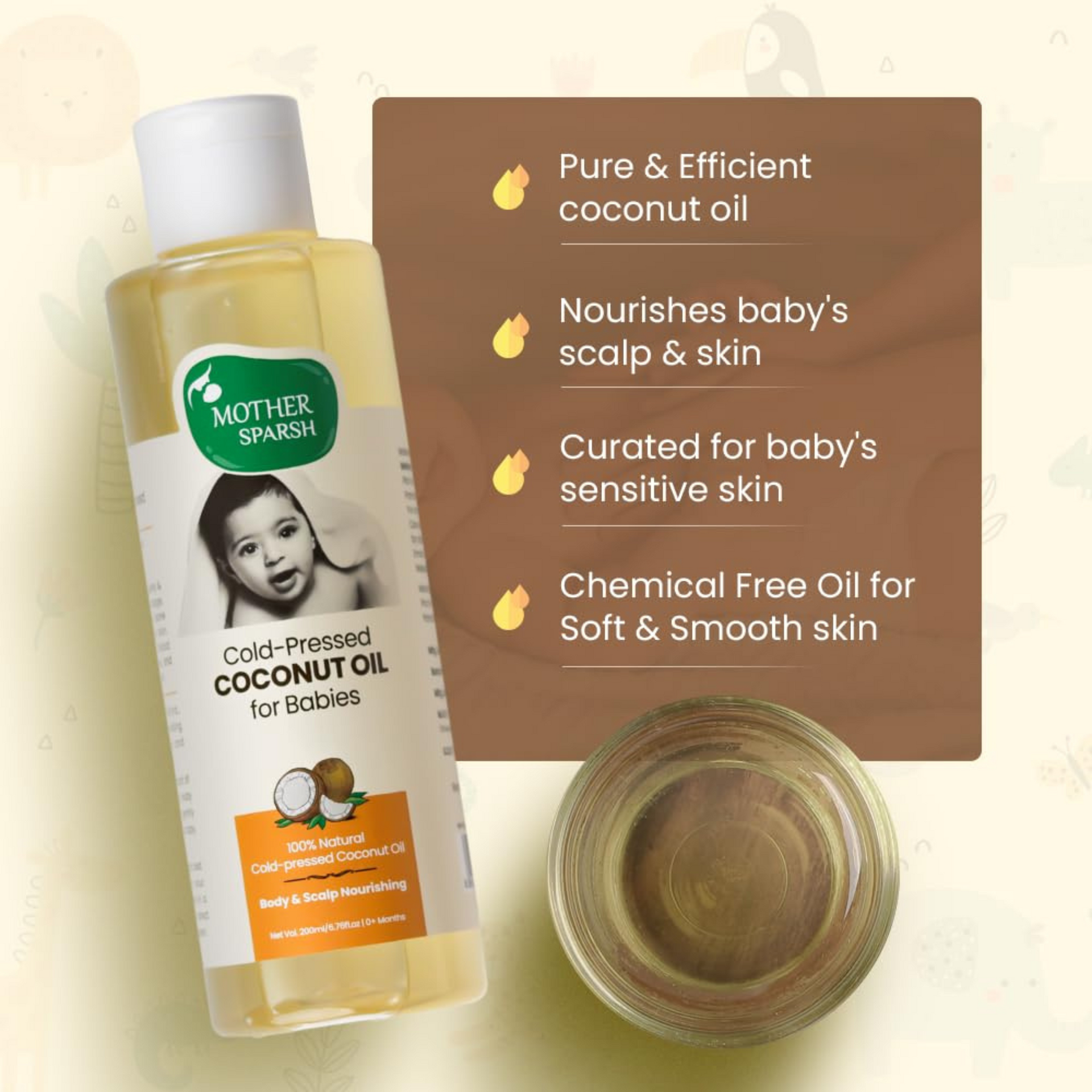 Mother Sparsh Cold Pressed Coconut Oil for Baby Massage, Skin & Hair Care | 100% Natural Baby Oil for New Born | 200ml