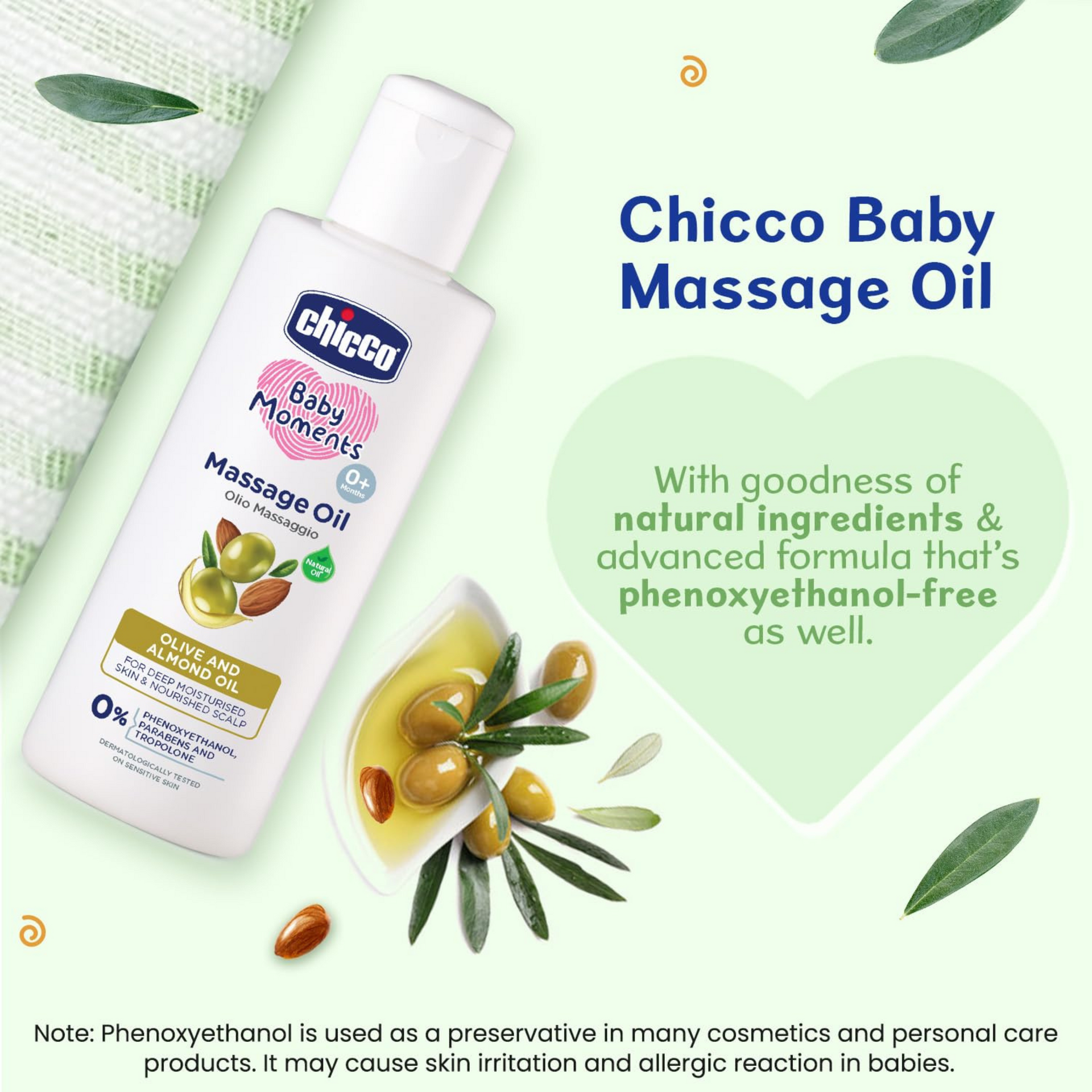 Chicco Baby Moments Massage Oil, Olive and Almond Oil, | Non-sticky Formula | Natural Ingredients for Moisturised Skin, Nourished Hair & Scalp | Parabens & Phenoxyethanol Free