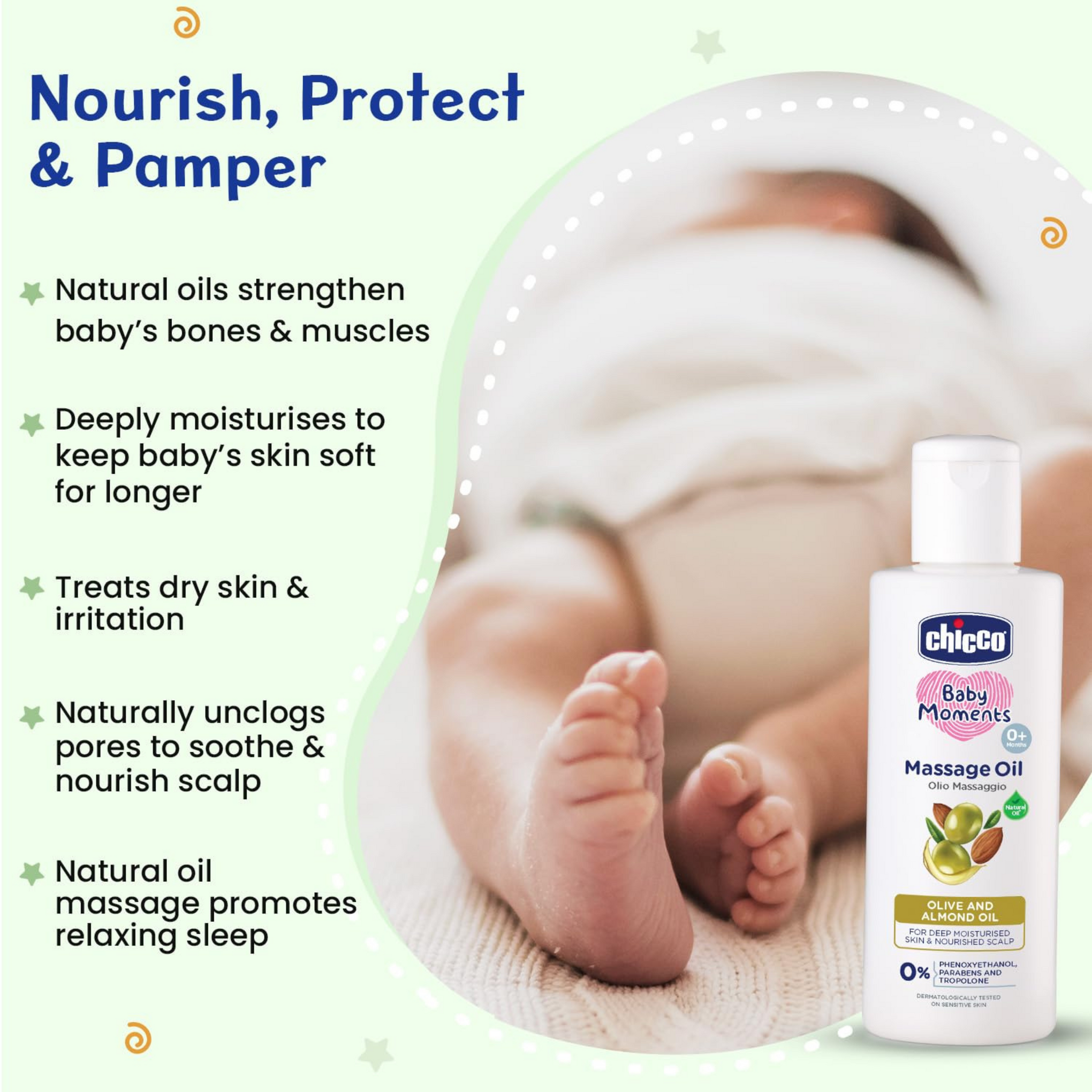 Chicco Baby Moments Massage Oil, Olive and Almond Oil, | Non-sticky Formula | Natural Ingredients for Moisturised Skin, Nourished Hair & Scalp | Parabens & Phenoxyethanol Free