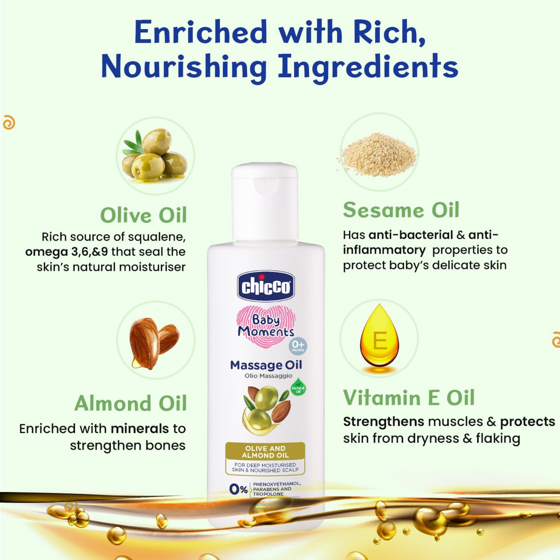 Chicco Baby Moments Massage Oil, Olive and Almond Oil, | Non-sticky Formula | Natural Ingredients for Moisturised Skin, Nourished Hair & Scalp | Parabens & Phenoxyethanol Free