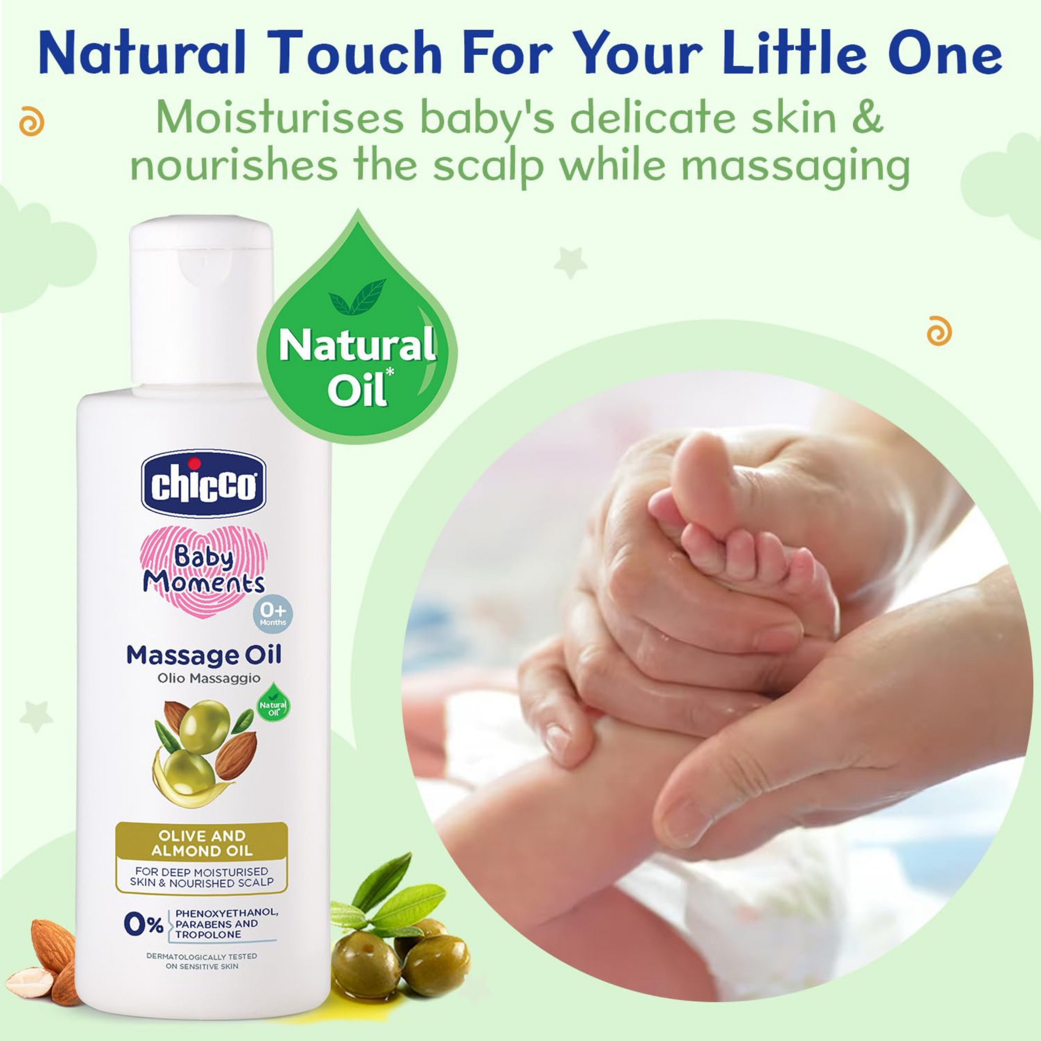 Chicco Baby Moments Massage Oil, Olive and Almond Oil, | Non-sticky Formula | Natural Ingredients for Moisturised Skin, Nourished Hair & Scalp | Parabens & Phenoxyethanol Free