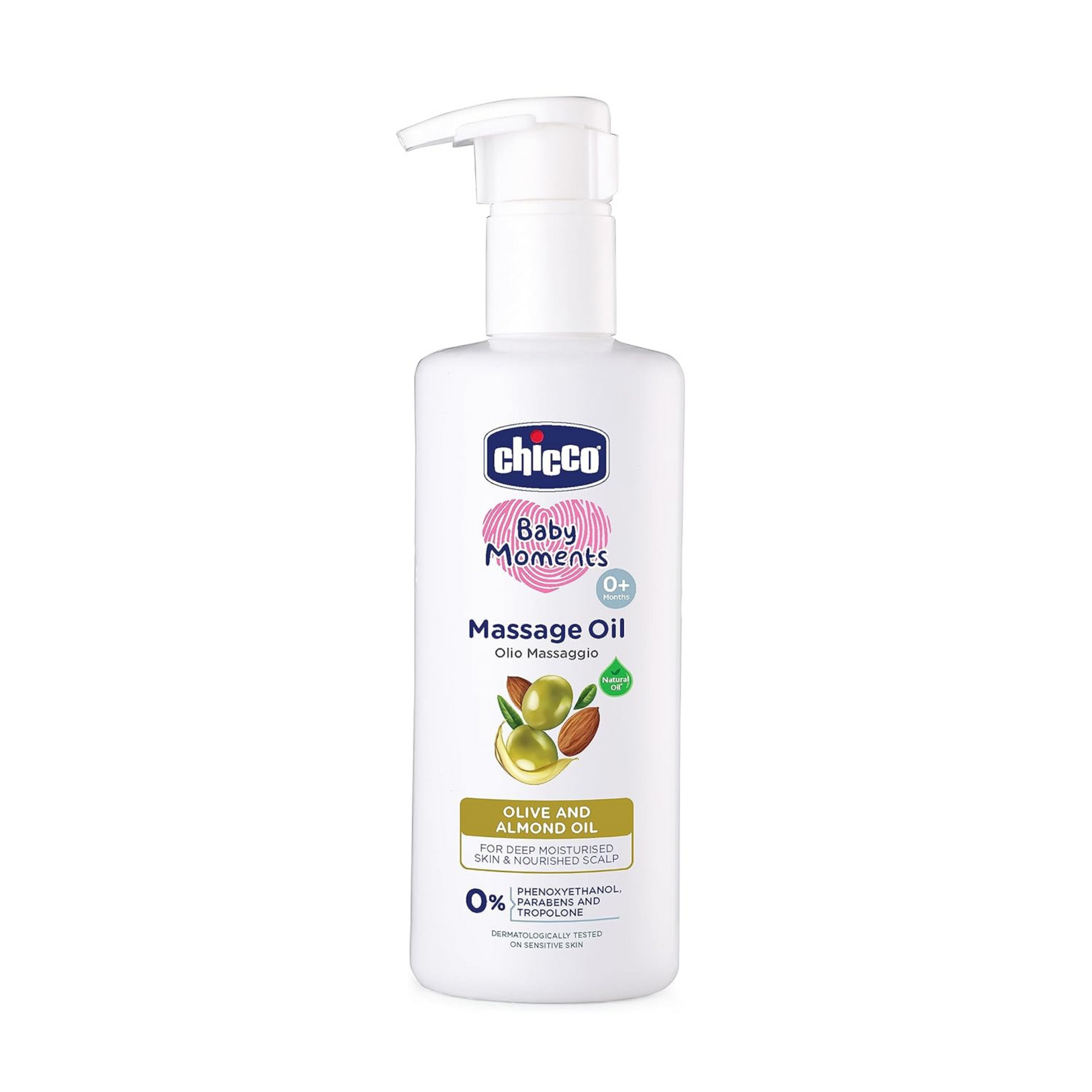 Chicco Baby Moments Massage Oil, Olive and Almond Oil, | Non-sticky Formula | Natural Ingredients for Moisturised Skin, Nourished Hair & Scalp | Parabens & Phenoxyethanol Free