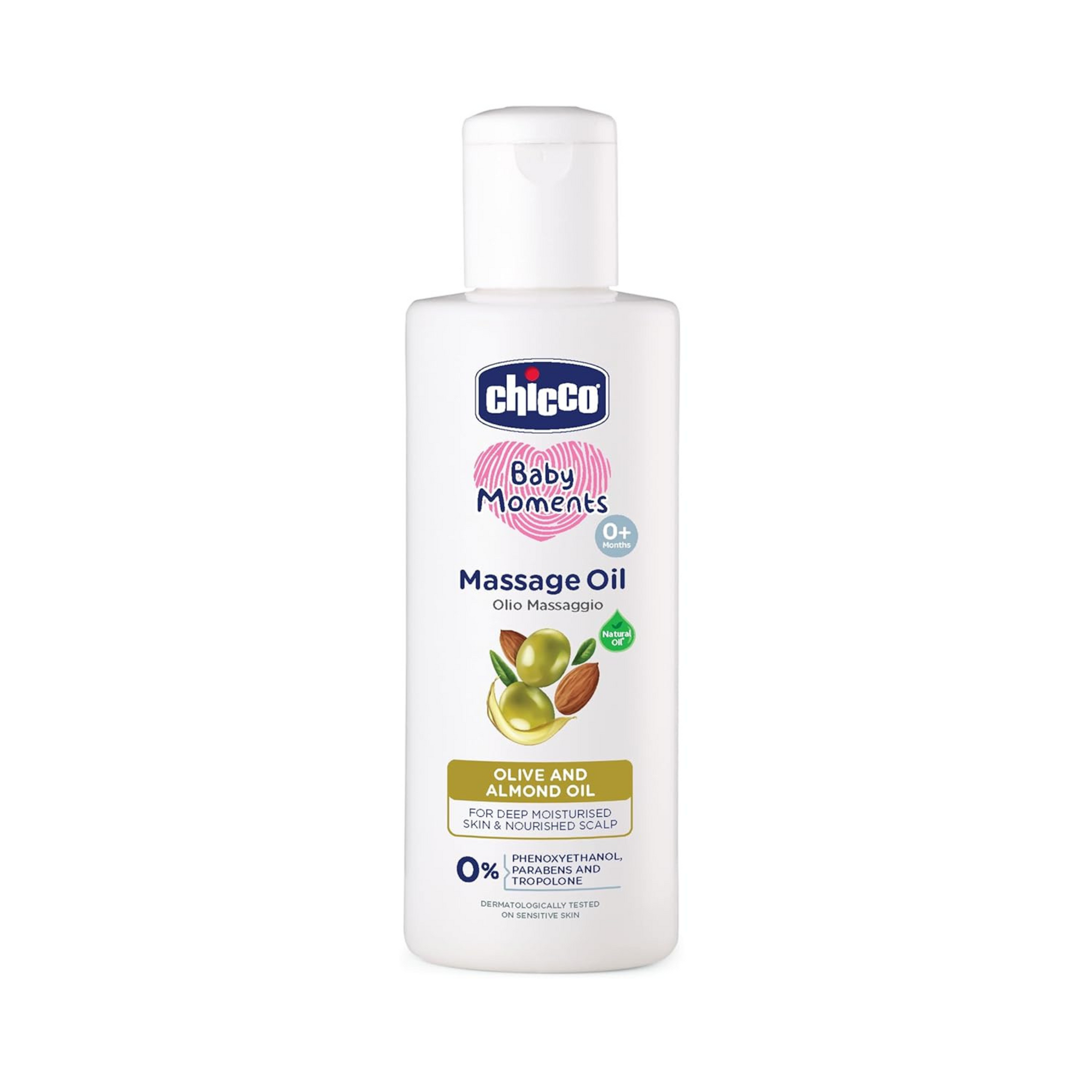 Chicco Baby Moments Massage Oil, Olive and Almond Oil, | Non-sticky Formula | Natural Ingredients for Moisturised Skin, Nourished Hair & Scalp | Parabens & Phenoxyethanol Free