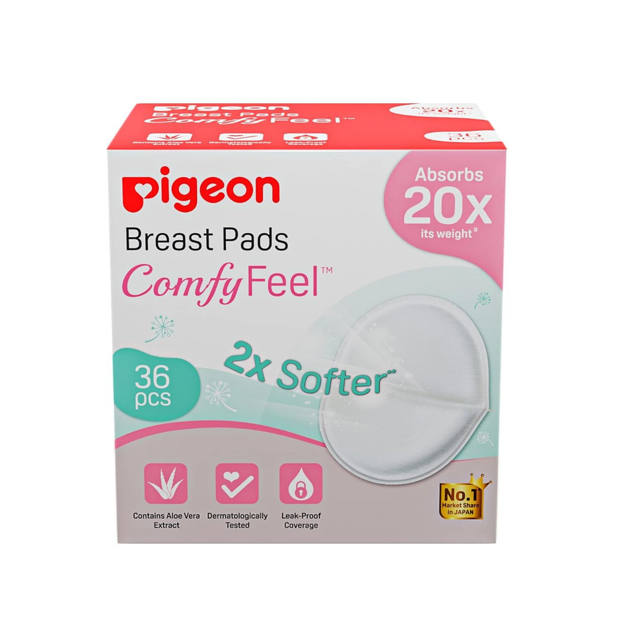 Pigeon Disposable Breast Pads,Comfy Feel,2X Softer,Gentle on Skin,Stay Dry All Day,Aloe Vera Extract,Dermatologically Test,Leak Proof Coverage,White36 pcs,