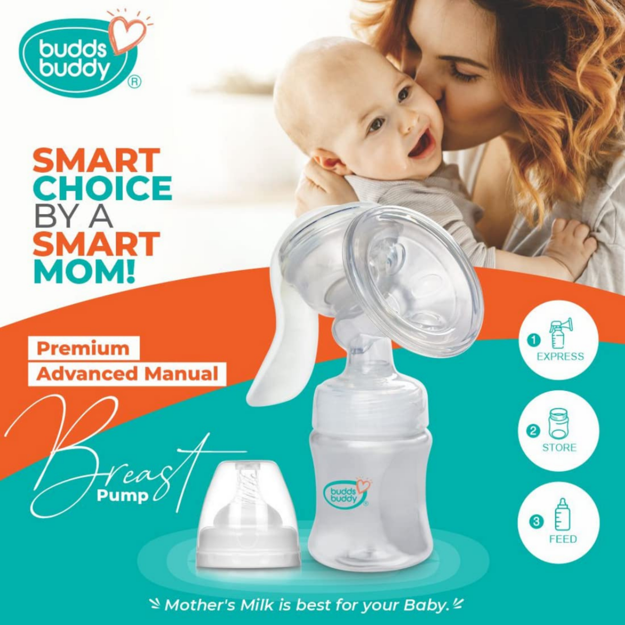 BuddsBuddy Advanced Manual Silicone Breast Pump with Feeding Nipple | Gentle & Easy to Operate | Adjustable Suction Strength | Soft Cushion Breast Pump for All Size | White