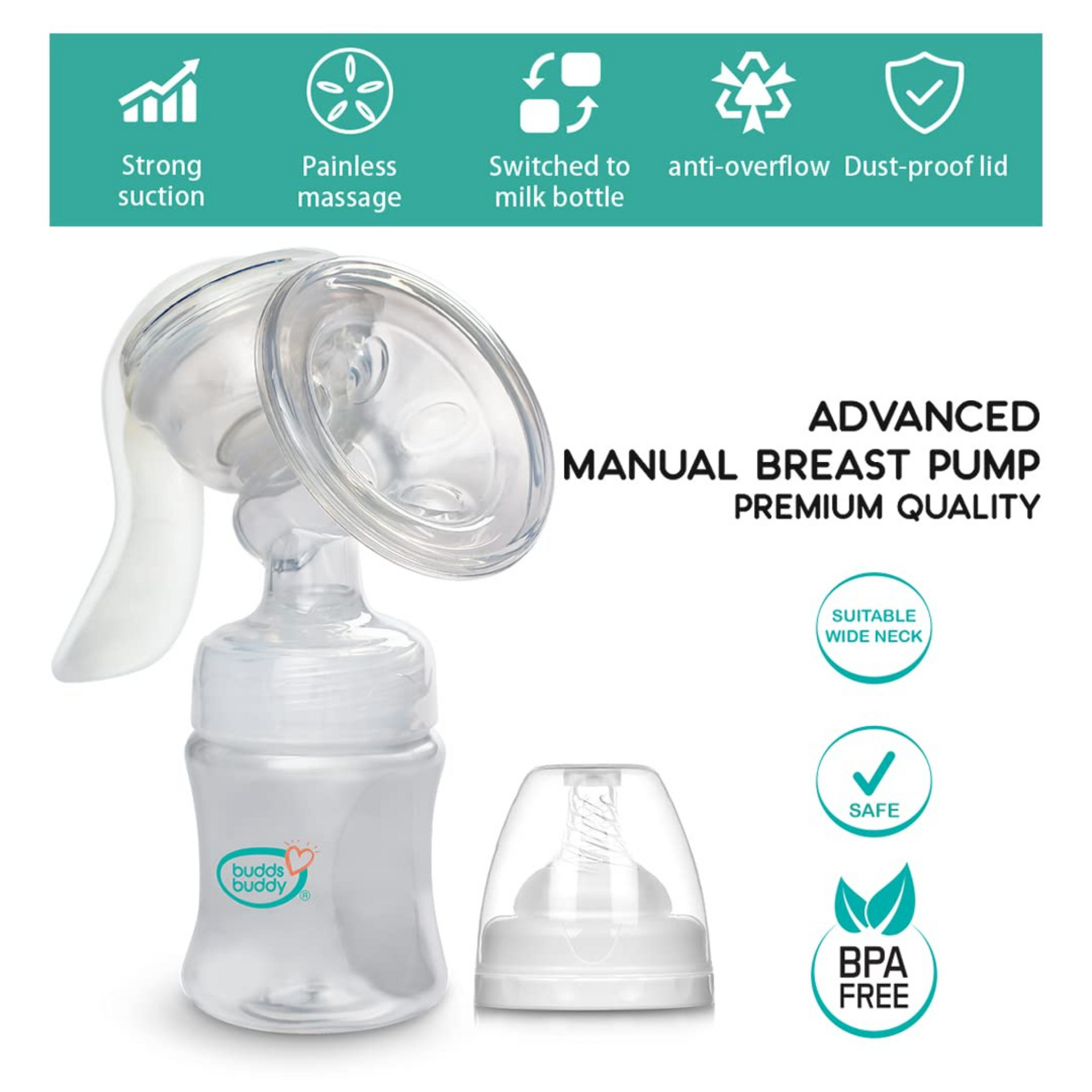 BuddsBuddy Advanced Manual Silicone Breast Pump with Feeding Nipple | Gentle & Easy to Operate | Adjustable Suction Strength | Soft Cushion Breast Pump for All Size | White