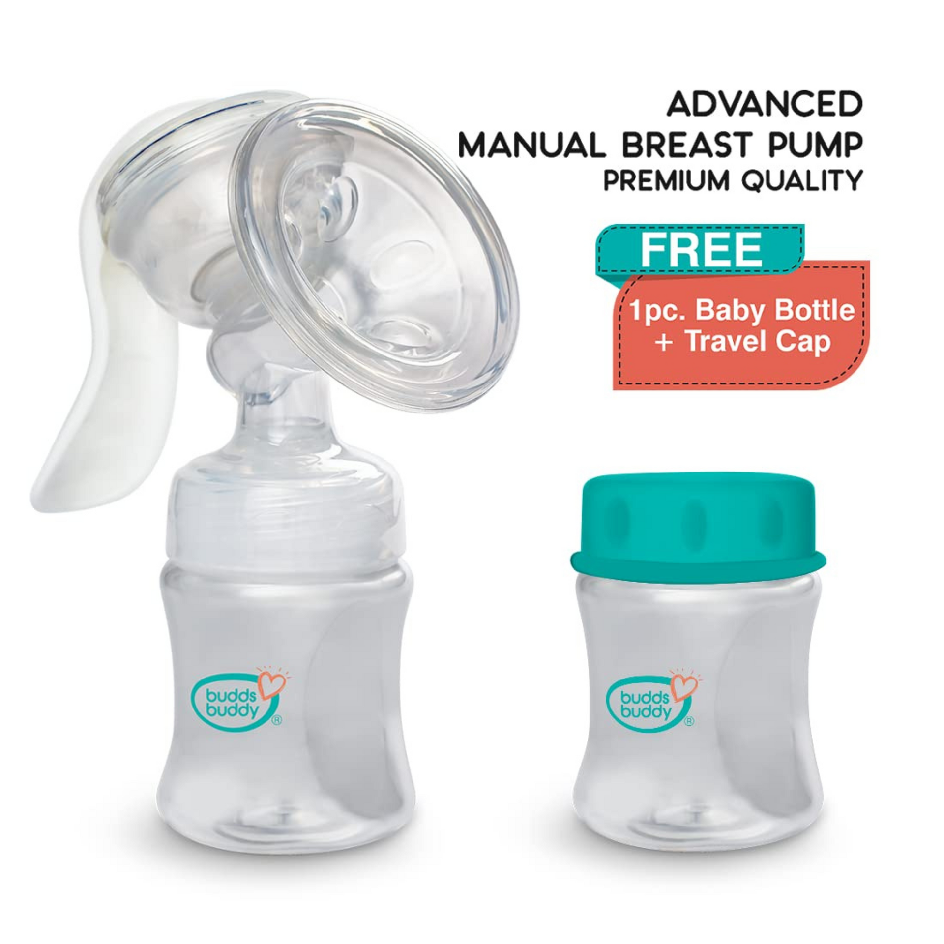 BuddsBuddy Advanced Manual Silicone Breast Pump with Feeding Nipple | Gentle & Easy to Operate | Adjustable Suction Strength | Soft Cushion Breast Pump for All Size | White