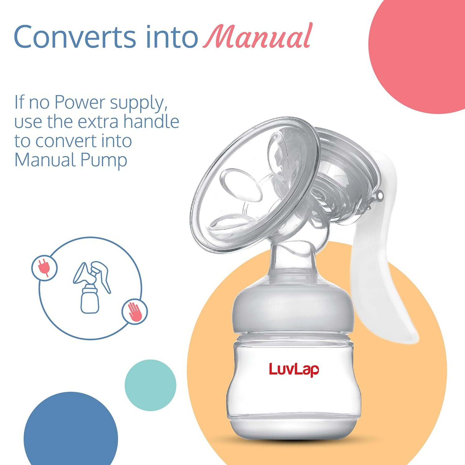 Luvlap Electric Breast Pump with 3 Phase Pumping, Rechargeable Battery, Convertible to Manual Breast Pump, 2pcs Breast pads free, Soft & Gentle, BPA Free, One year Warranty