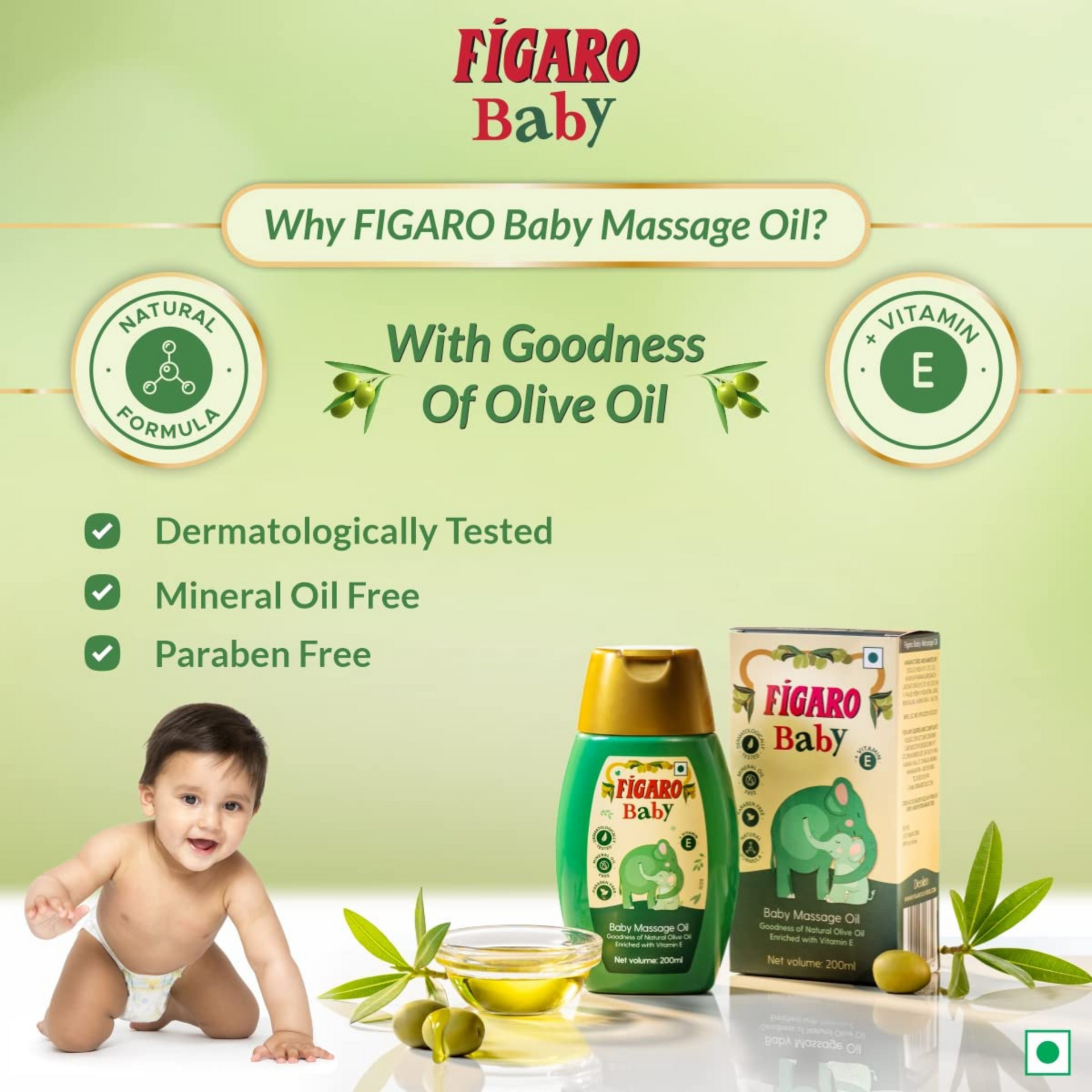 Figaro Baby Massage Oil With Goodness Of Natural Olive Oil Enriched With Vitamin E, Dermatologically Tested,