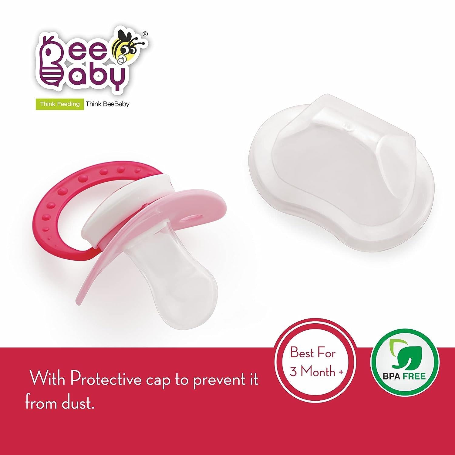 BeeBaby Orthodontic Silicone Baby Pacifier with Protective Cap, Pink (Pack of 2)