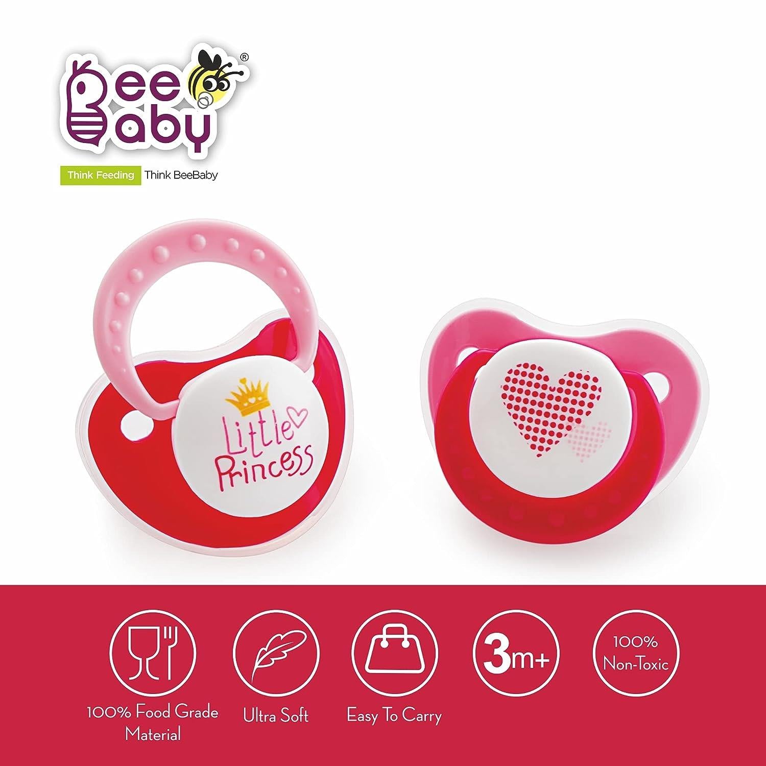 BeeBaby Orthodontic Silicone Baby Pacifier with Protective Cap, Pink (Pack of 2)