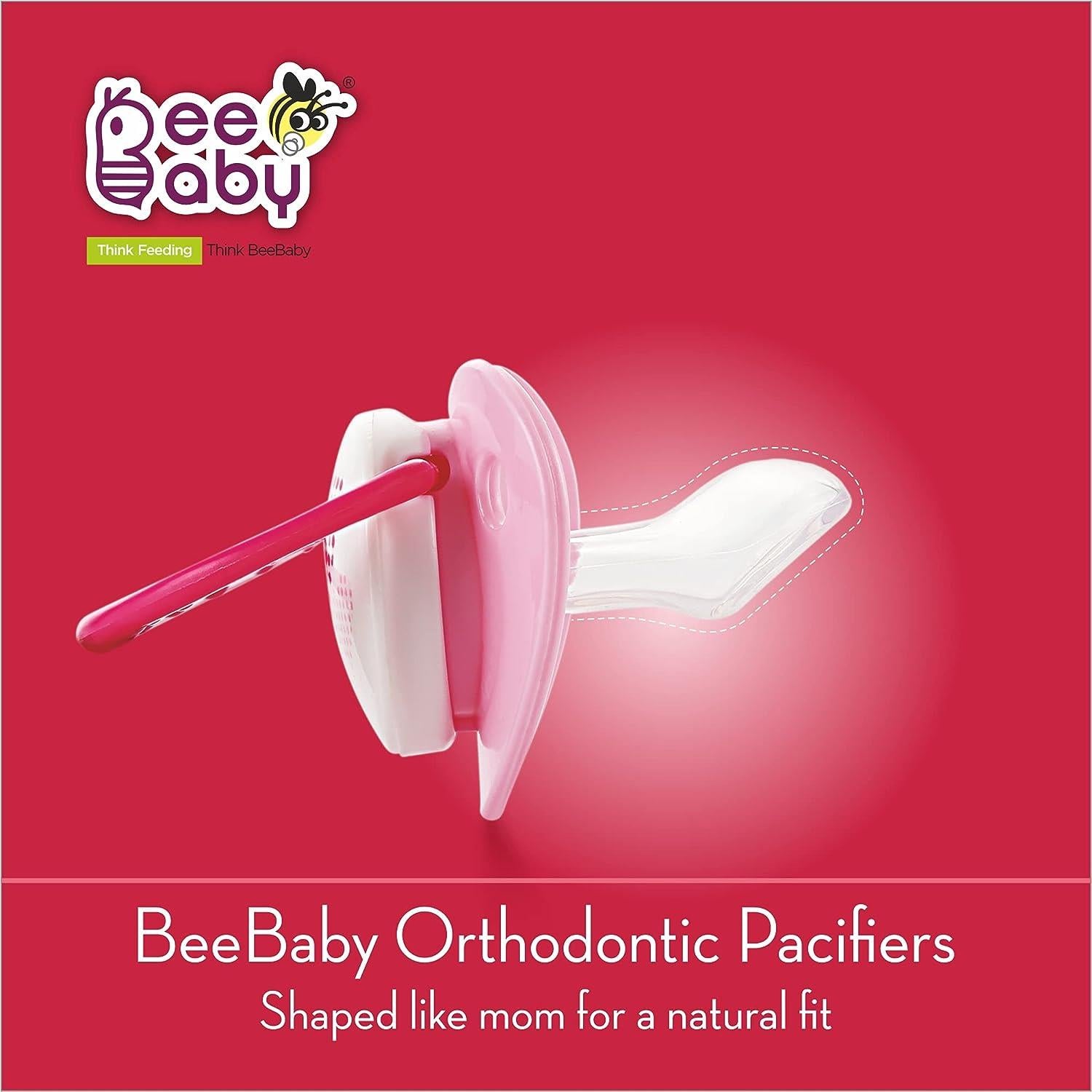 BeeBaby Orthodontic Silicone Baby Pacifier with Protective Cap, Pink (Pack of 2)