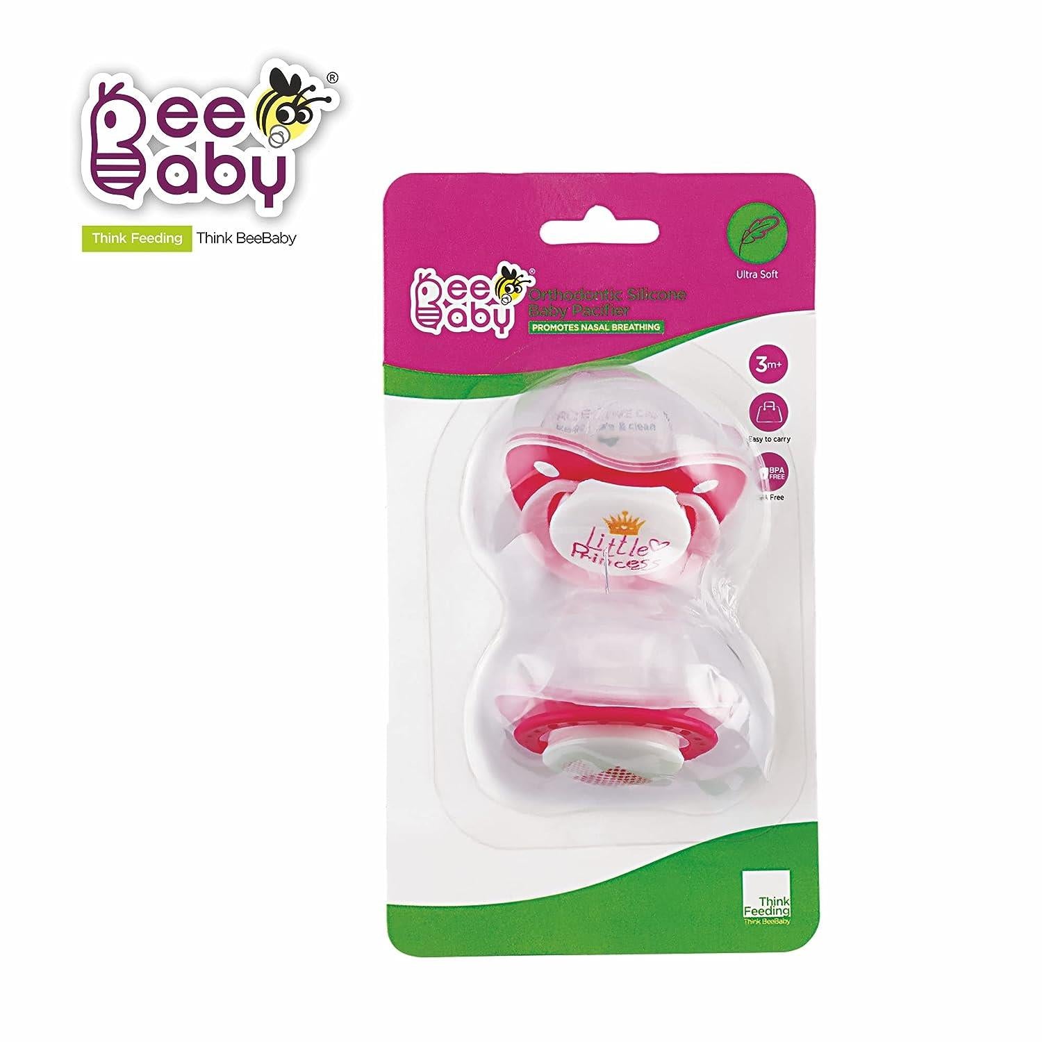 BeeBaby Orthodontic Silicone Baby Pacifier with Protective Cap, Pink (Pack of 2)