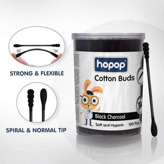 Hopop Cotton Buds | Baby Spiral Tip Paper Stem Charcoal Ear Cleaner Buds | 1 Pack | 100 Sticks | Black Charcoal 1002C