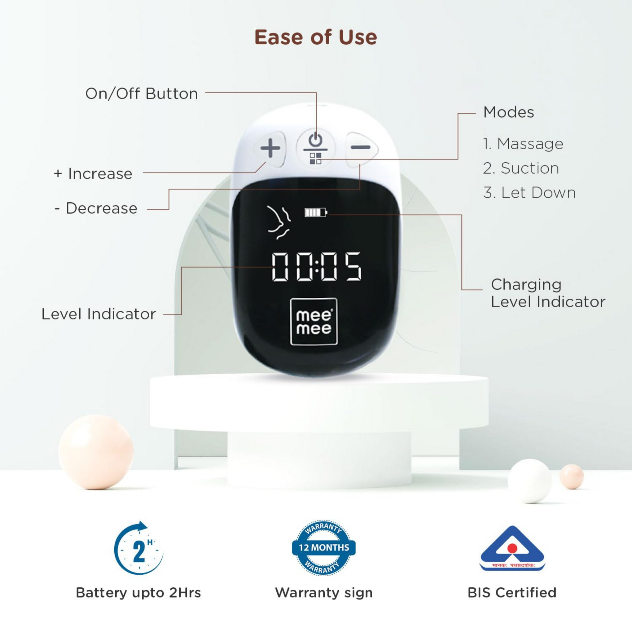 Mee Mee Advanced Digital Electric Breast Pump - 3 Modes for Gentle Massage, Effective Suction & Let-Down Stimulation - Ideal for Nursing & Breastfeeding - White