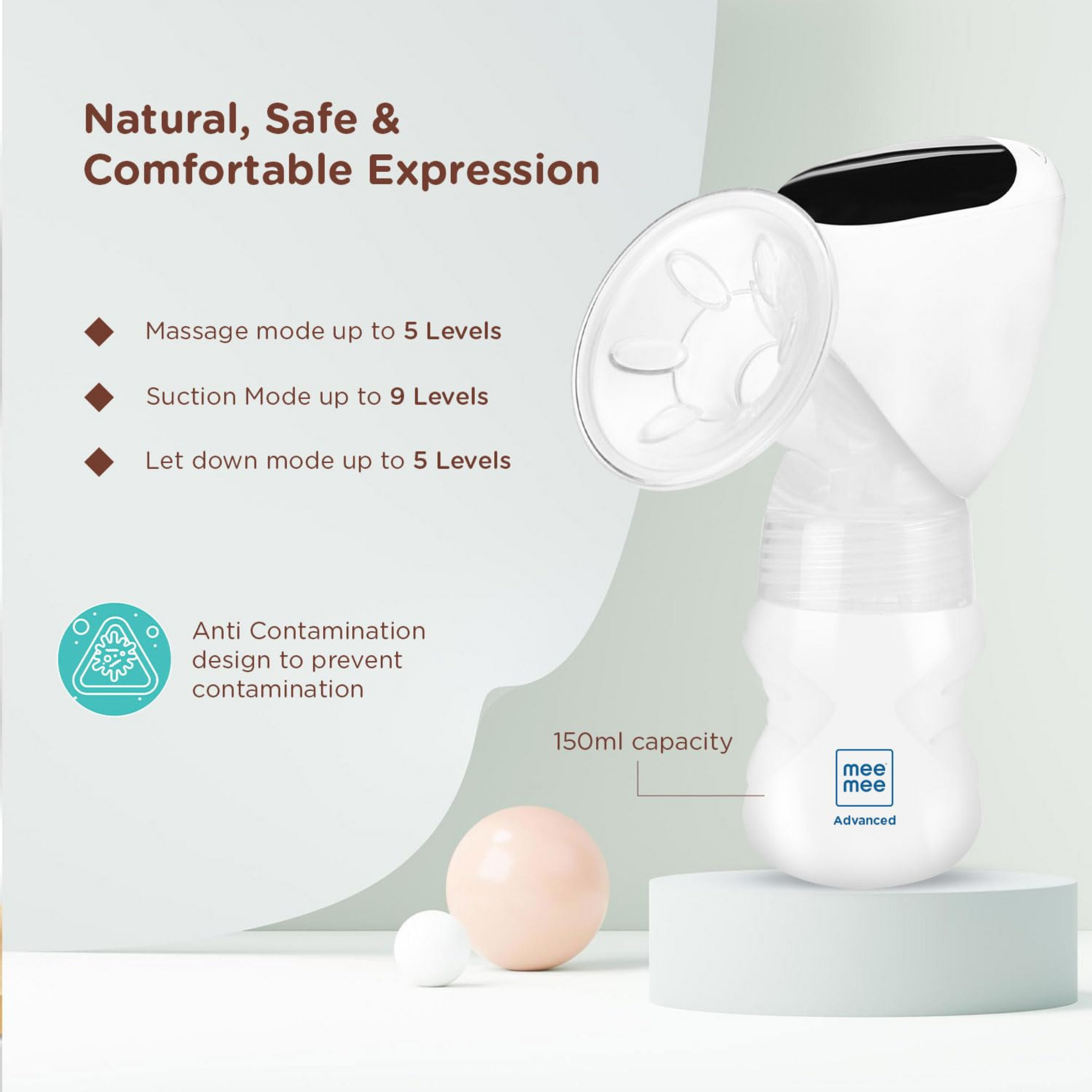 Mee Mee Advanced Digital Electric Breast Pump - 3 Modes for Gentle Massage, Effective Suction & Let-Down Stimulation - Ideal for Nursing & Breastfeeding - White