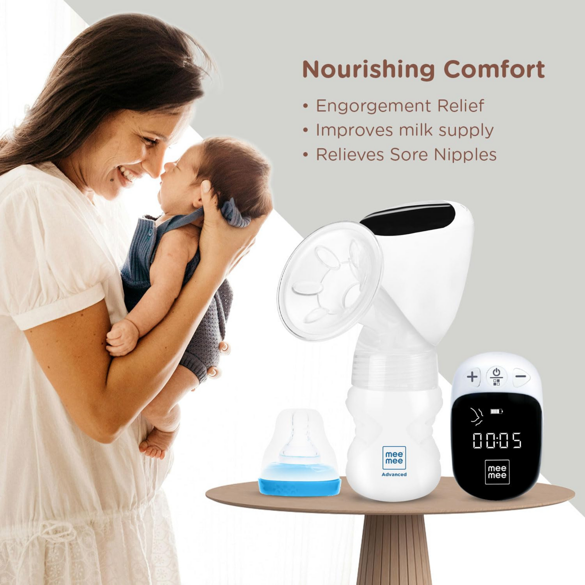 Mee Mee Advanced Digital Electric Breast Pump - 3 Modes for Gentle Massage, Effective Suction & Let-Down Stimulation - Ideal for Nursing & Breastfeeding - White