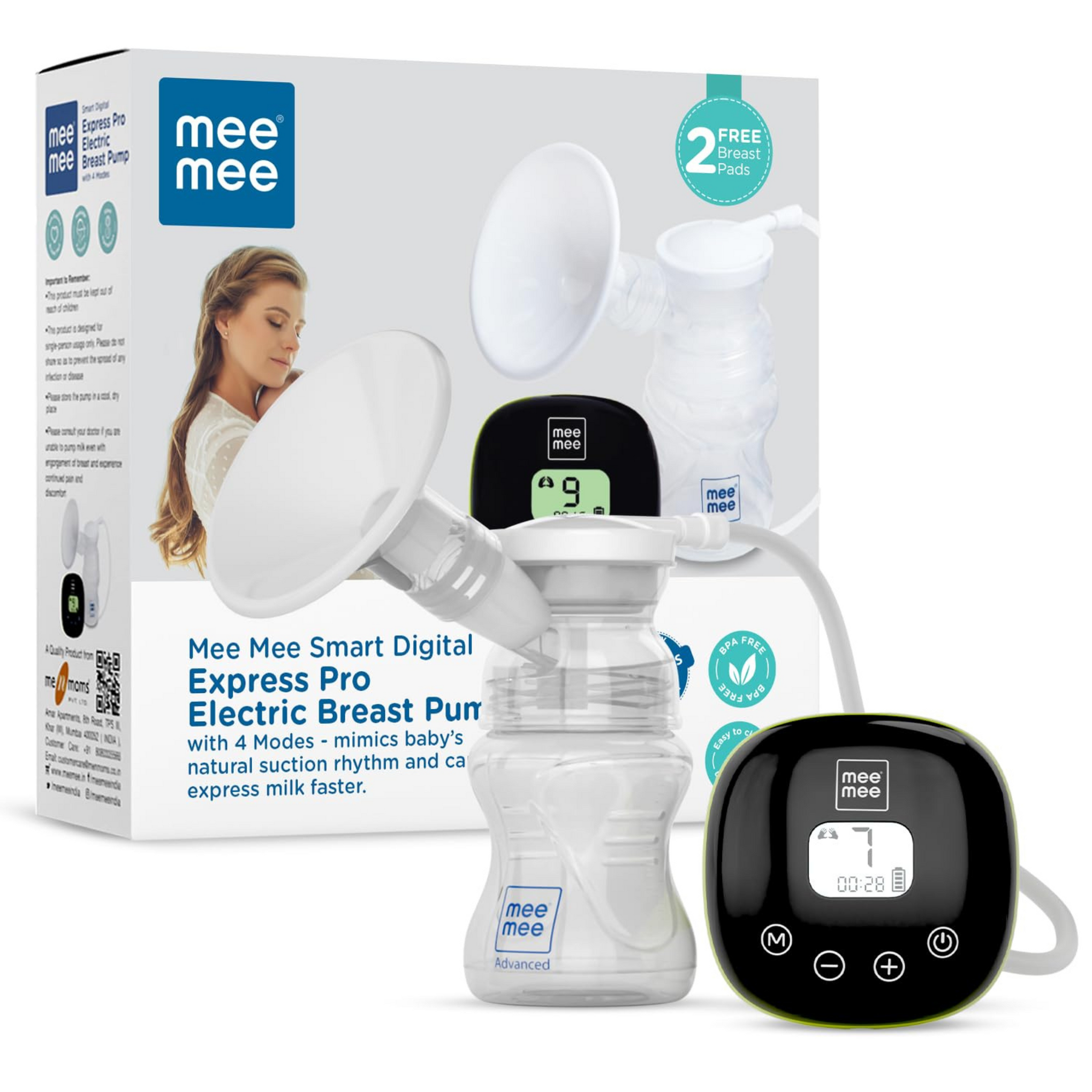 Mee Mee Advanced Digital Electric Breast Pump with 3 Modes Massage, Suction & Let-Down For Nursing & Breast feeding Mothers, USB Cable, Soft Silicon Breast Shield (White)