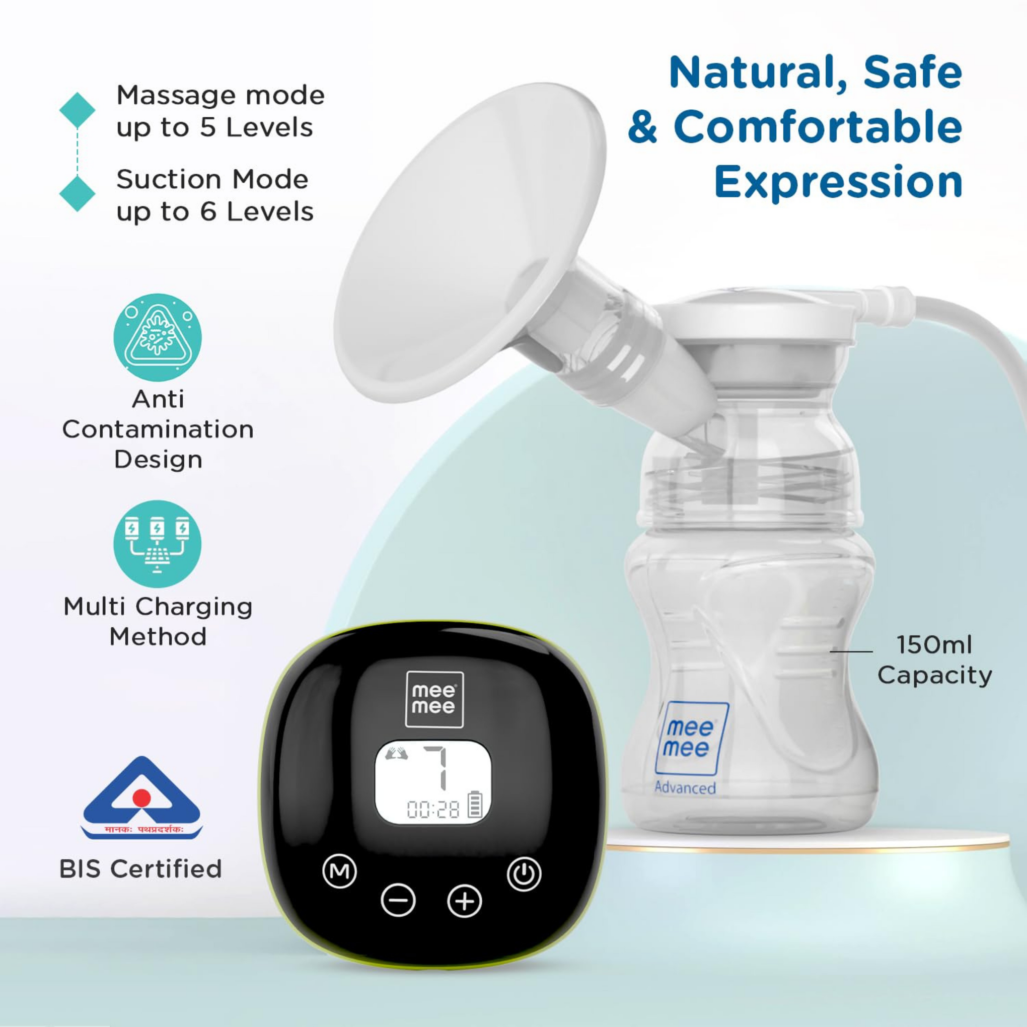 Mee Mee Advanced Digital Electric Breast Pump with 3 Modes Massage, Suction & Let-Down For Nursing & Breast feeding Mothers, USB Cable, Soft Silicon Breast Shield (White)