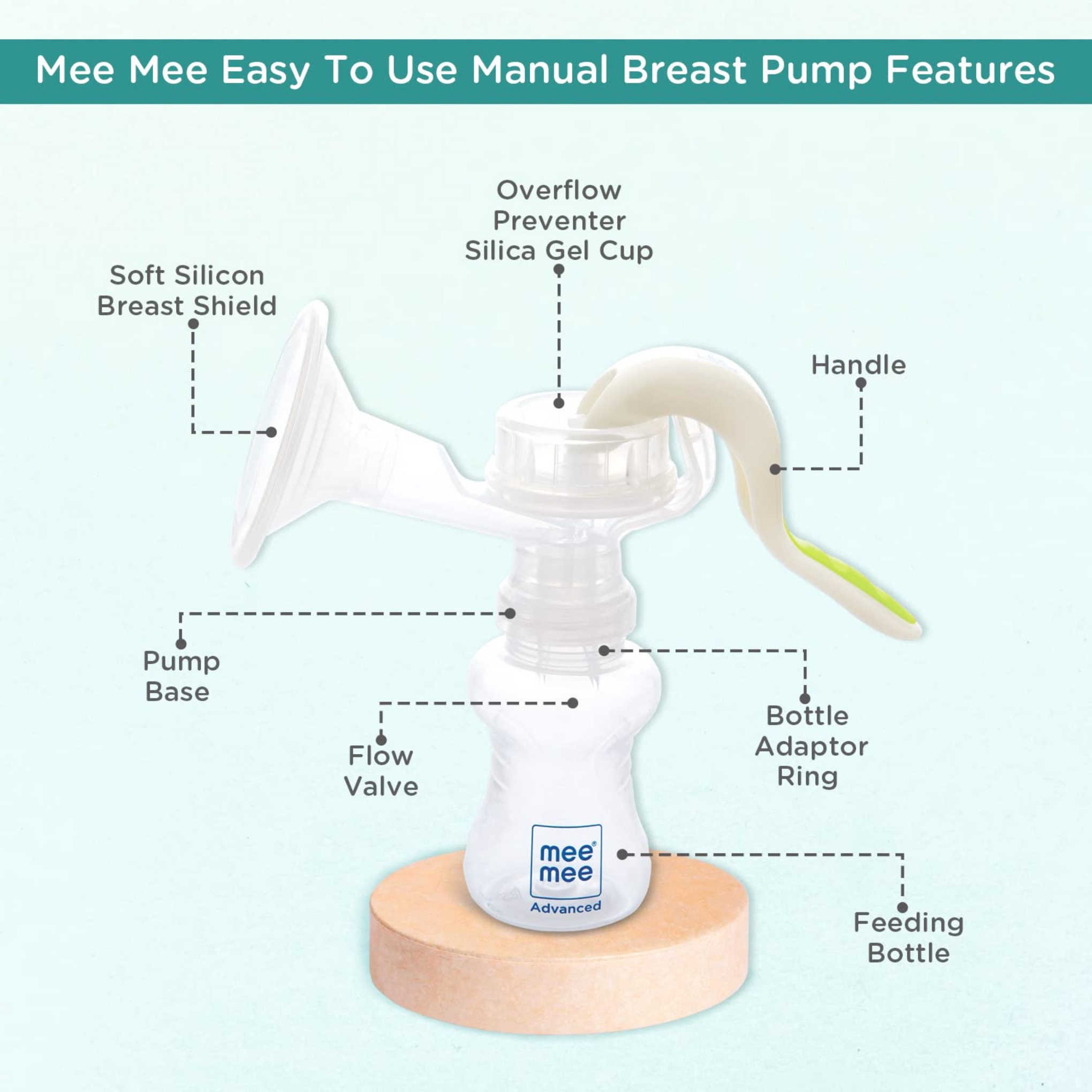 Mee Mee Manual Breast Pump 150 ML | Breast pump for feeding mothers | BPA-Free, Soft Silicone Shield | Portable & Easy to Clean with Overflow Preventer Silica Gel Cup