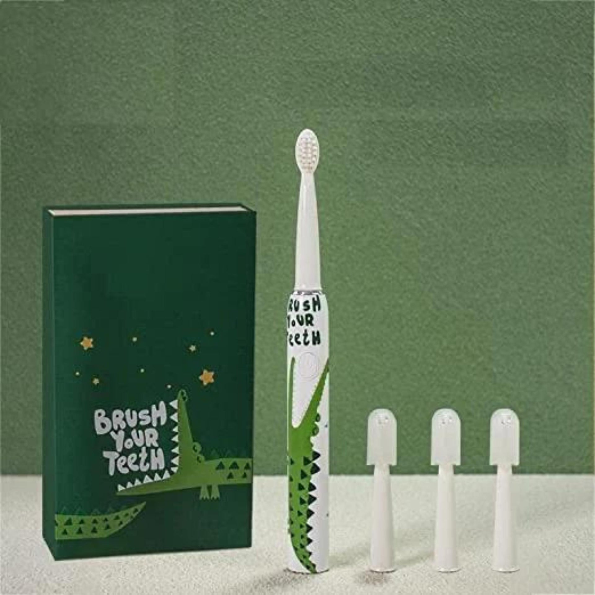 Smile Baby™ Toothbrush For Kids(3+ Years)With 1 Handle,4 Brush Heads|Power Tooth Brush|Low Noise,Rotary Electric Toothbrush (Crocodial Green)