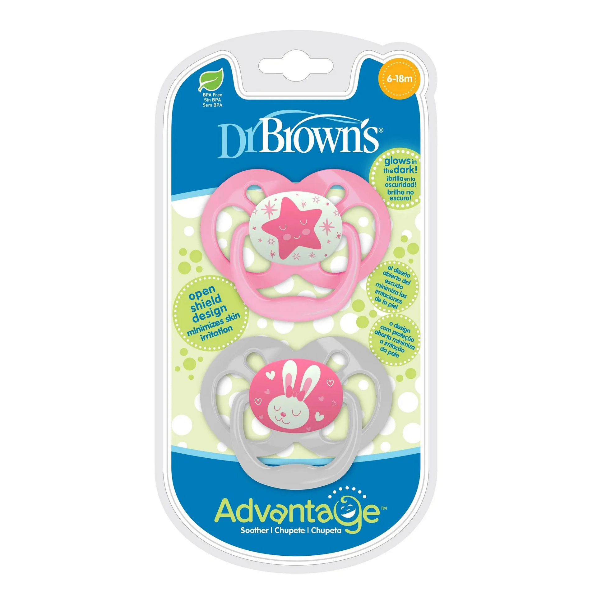 Dr. Brown's Advantage Pacifiers Stage 2 Glow in the Dark Pack of 2 - Pink