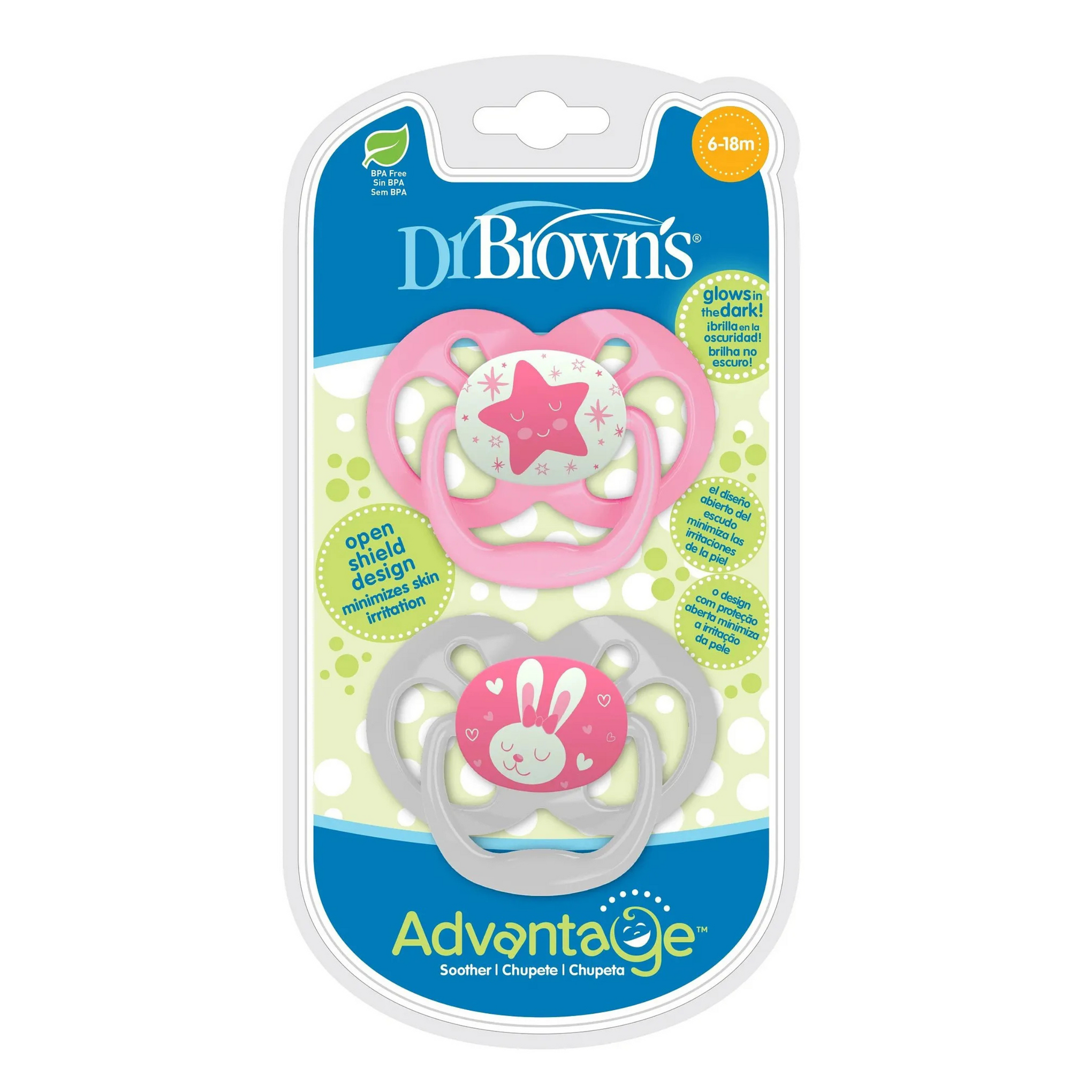 Dr. Brown's Advantage Pacifiers Stage 2 Glow in the Dark Pack of 2 - Pink