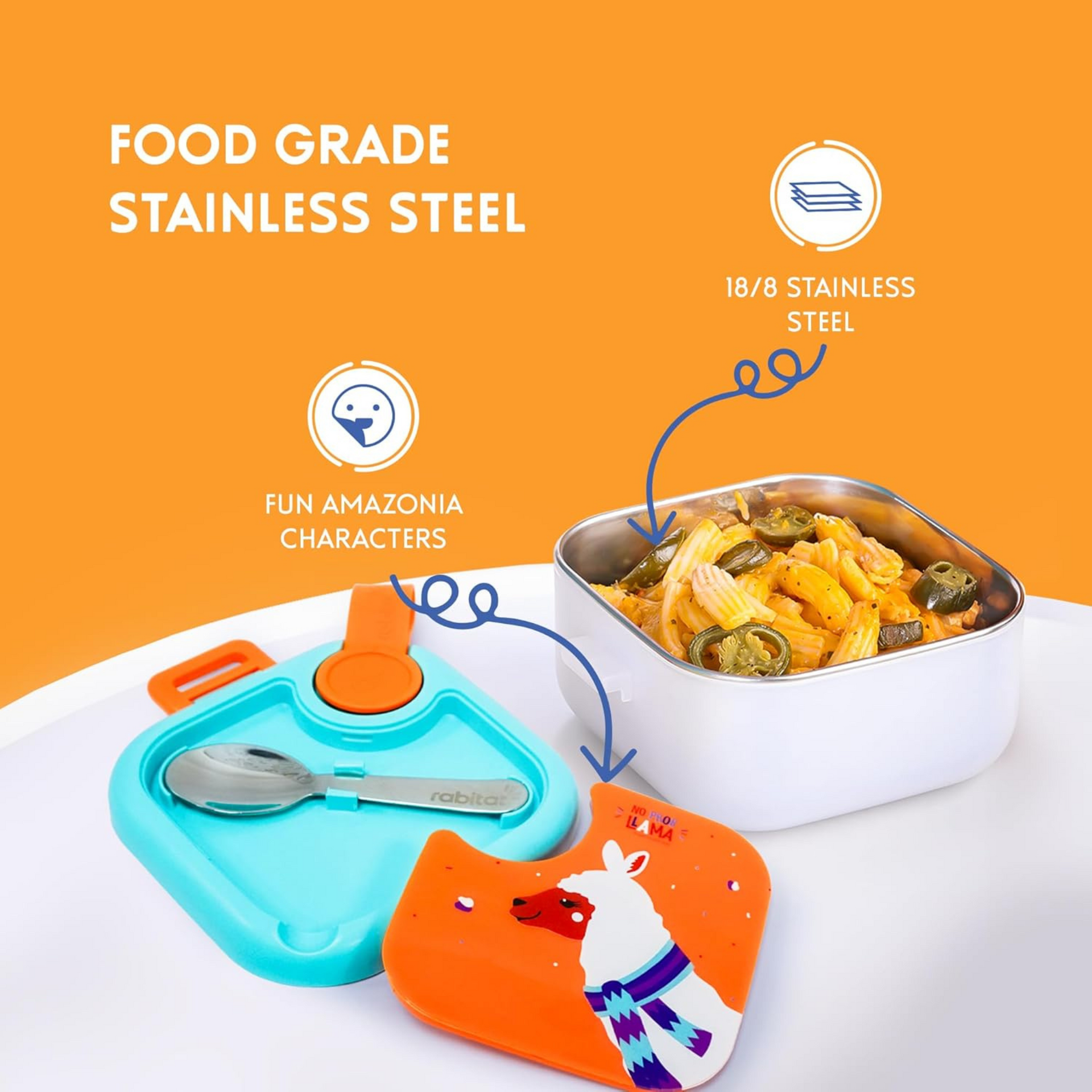 rabitat Stainless Steel Lunch Box with Spoon - 2 Years Brand Warranty | Tiffin Box for Kids | Steel Lunch Box for School Girls and Boys | LUNCHMATE Mini No Prob Llama 500 ml