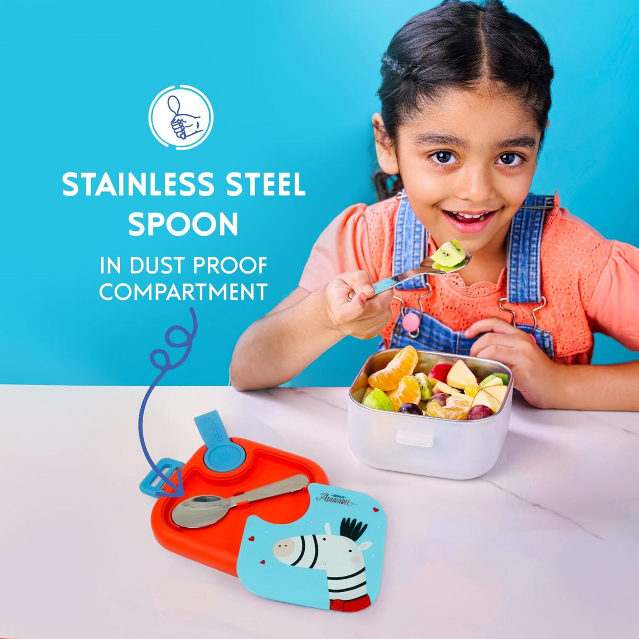 rabitat Stainless Steel Lunch Box with Spoon - 2 Years Brand Warranty | Tiffin Box for Kids | Steel Lunch Box for School Girls and Boys | LUNCHMATE Mini Totally Adorable 500 ml