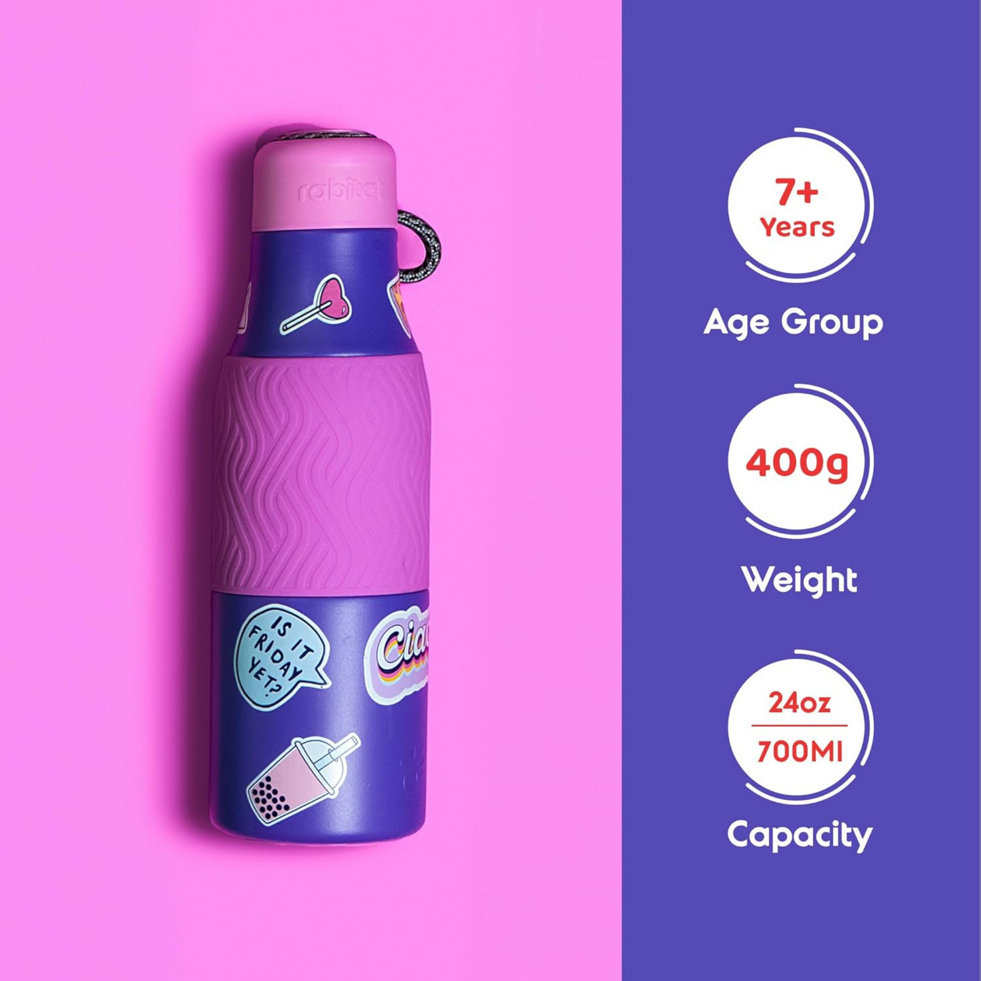 Rabitat ZAPPY Stainless Steel Water Bottle Violet Rover 700 ml - 2 Years Brand Warranty |12 Hours Hot & 18 Hours Cold | Insulated Stainless Steel Flask | Thermosteel Leakproof & Durable Water Bottle