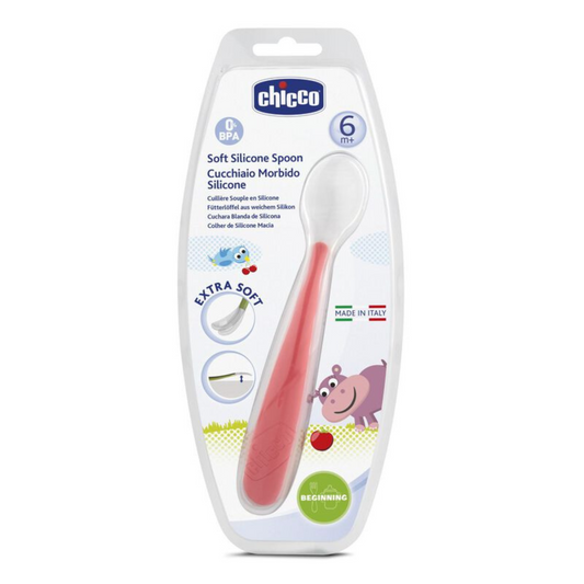 Chicco Baby Spoon with Soft Silicone Tip, For Self Feeding (6+ months) | Made Practical for Training Babies (Red)