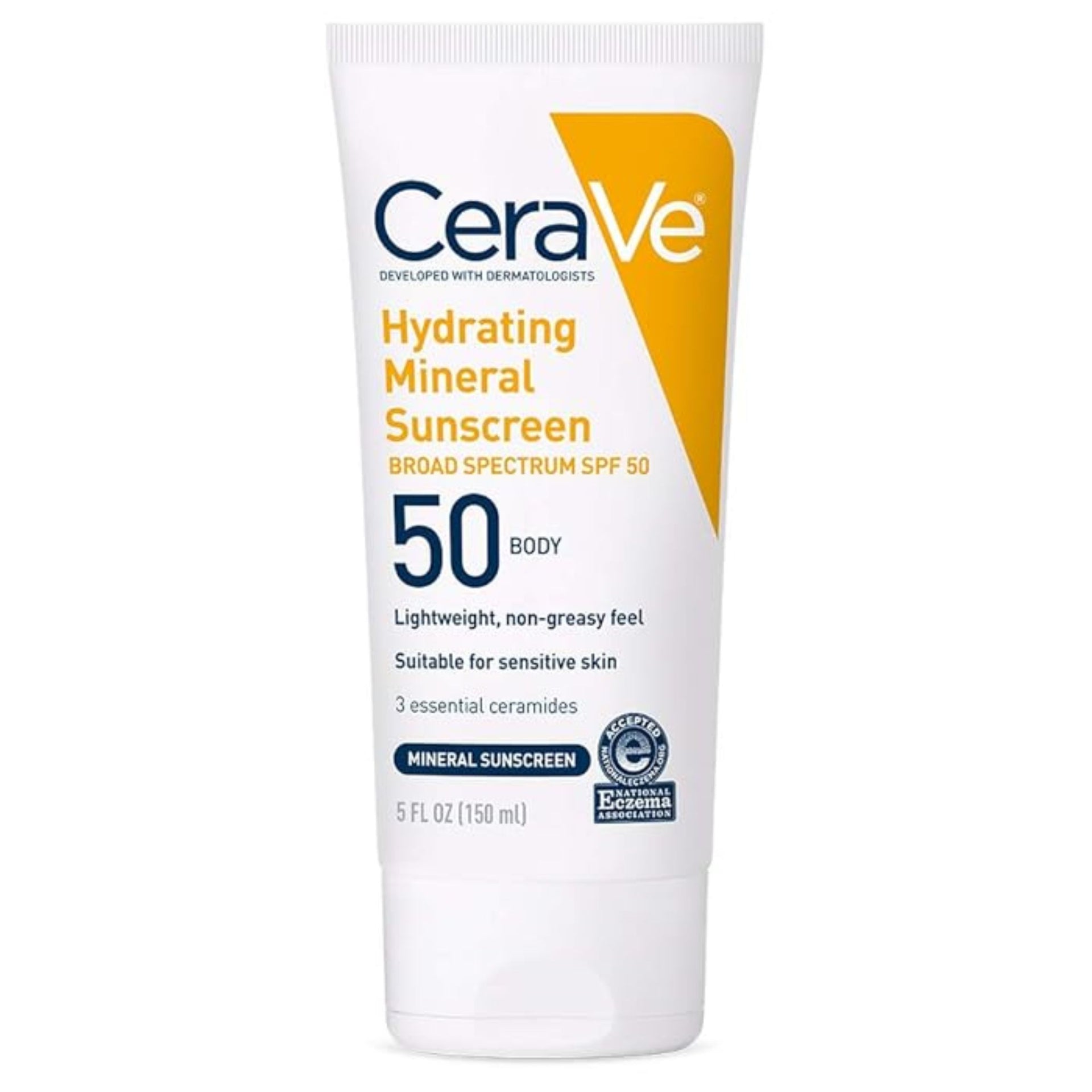 CaraVee Hydrating Mineral Sunscreen, SPF 50, 150 ml, Lightweight, Non-Greasy, Suitable for Sensitive Skin