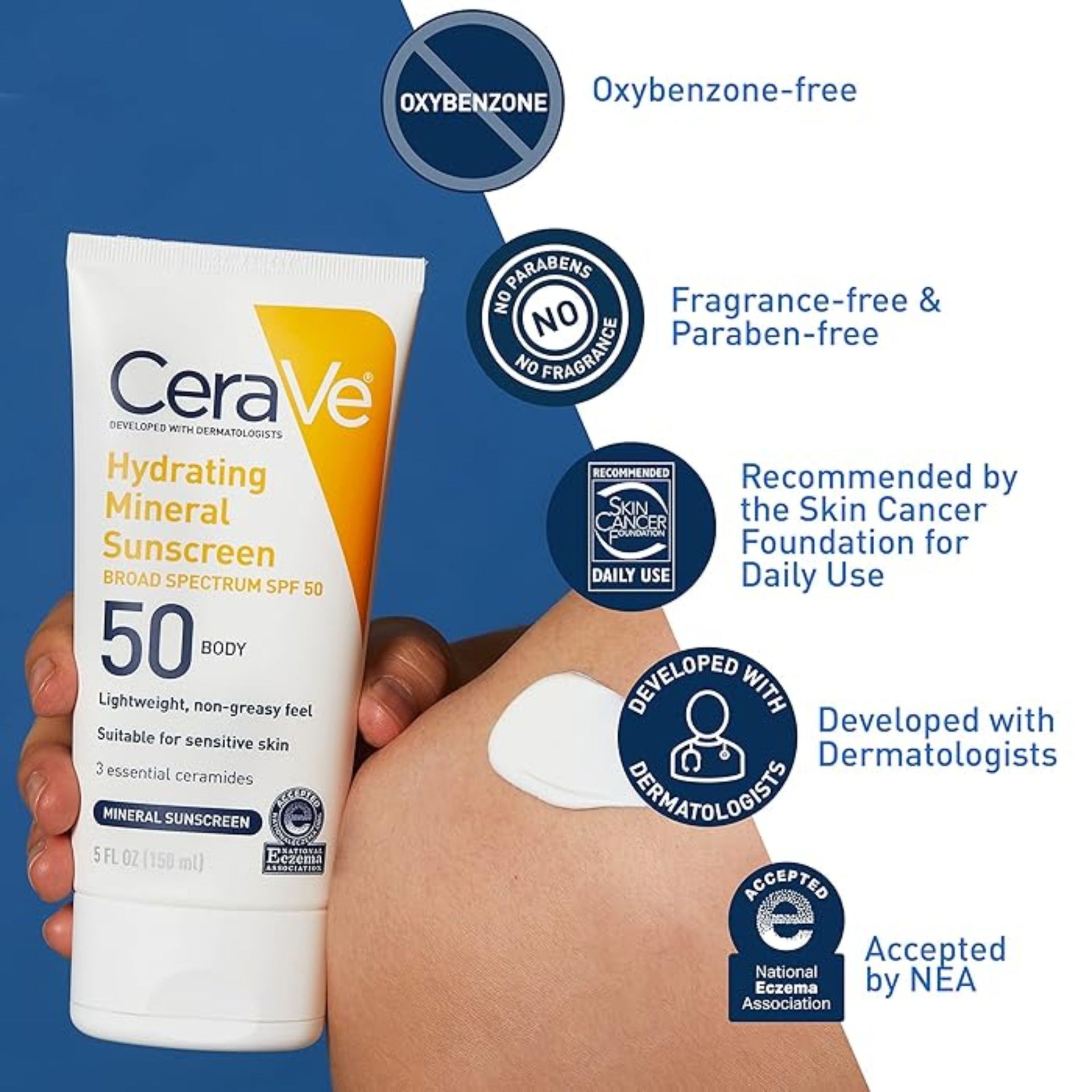 CaraVee Hydrating Mineral Sunscreen, SPF 50, 150 ml, Lightweight, Non-Greasy, Suitable for Sensitive Skin