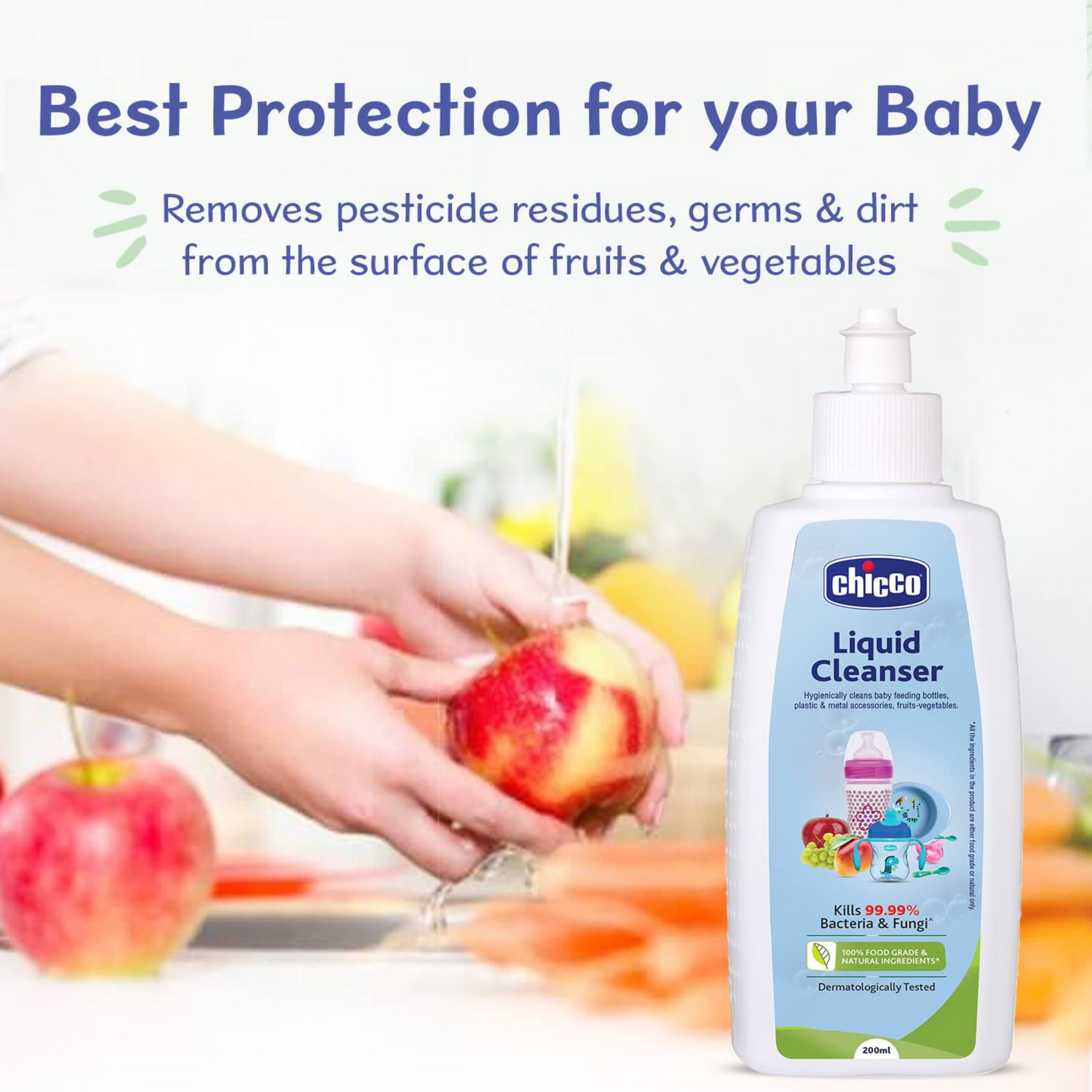 Chicco Liquid Cleanser, | Wash for Feeding Bottle, Accessories, Fruits & Vegetables | 100% Food Grade & Natural Ingredients | Kills 99.99% Bacteria & Fungi | Baby Safe, Dermatologically tested