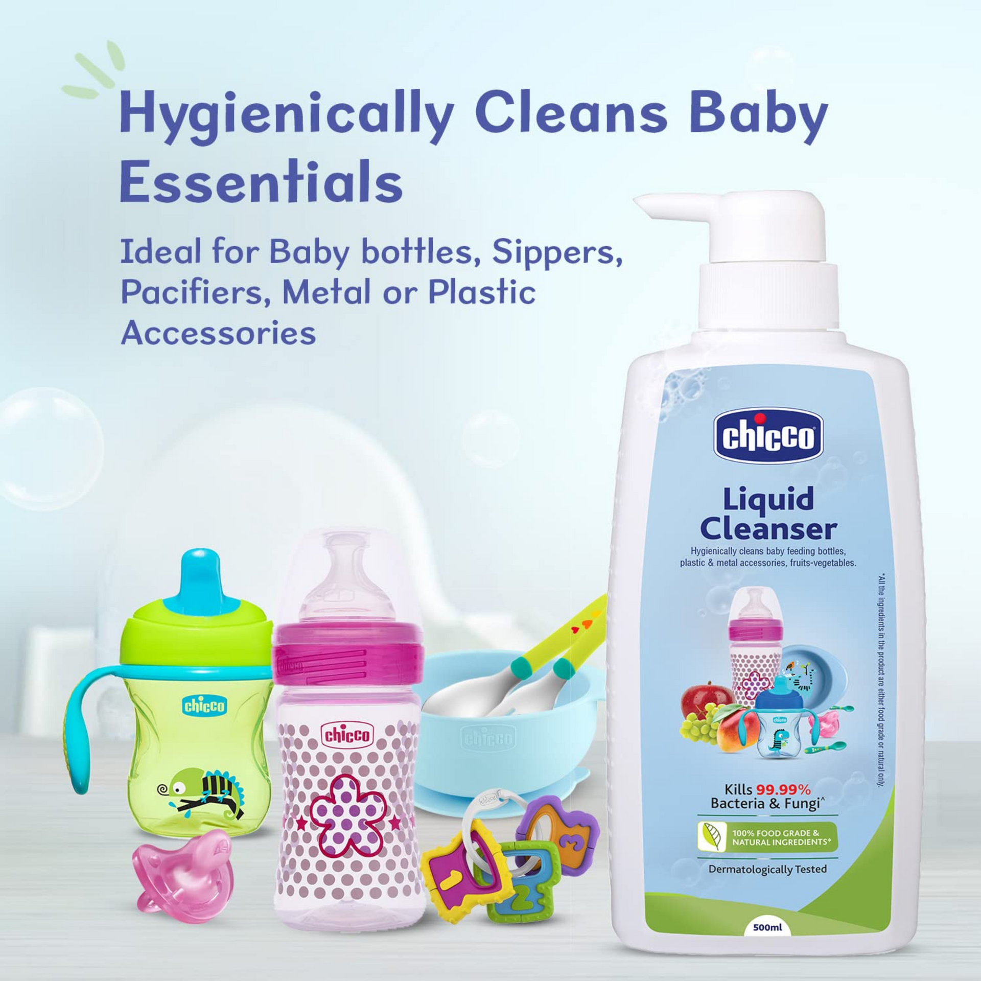 Chicco Liquid Cleanser, | Wash for Feeding Bottle, Accessories, Fruits & Vegetables | 100% Food Grade & Natural Ingredients | Kills 99.99% Bacteria & Fungi | Baby Safe, Dermatologically tested