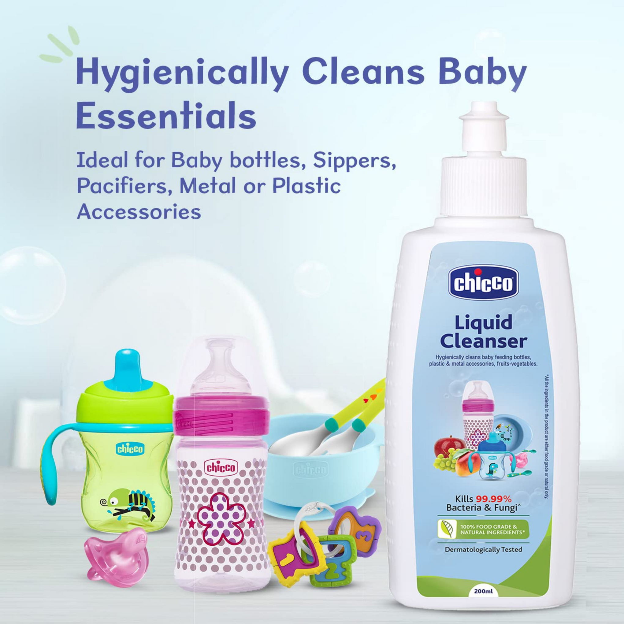 Chicco Liquid Cleanser, | Wash for Feeding Bottle, Accessories, Fruits & Vegetables | 100% Food Grade & Natural Ingredients | Kills 99.99% Bacteria & Fungi | Baby Safe, Dermatologically tested