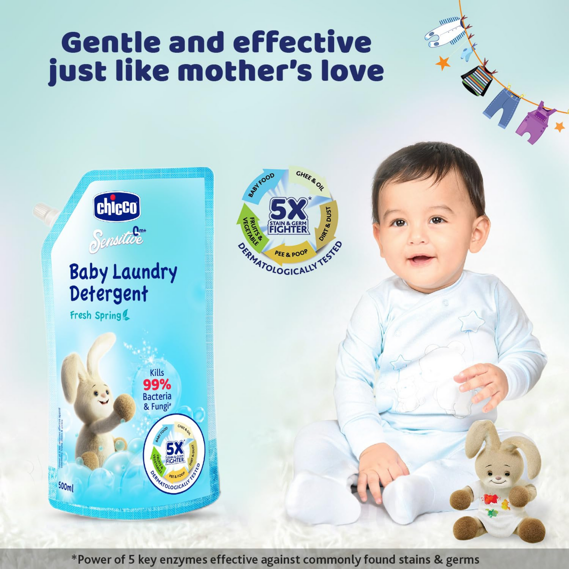 Chicco Sensitive Baby Laundry Detergent, Fresh Spring Fragrance, 500ml Refill Pack | Liquid Detergent for Baby Clothes | Kills 99% Barteria and Fungi | 5X Stain Fighter | Free From Harsh Chemicals