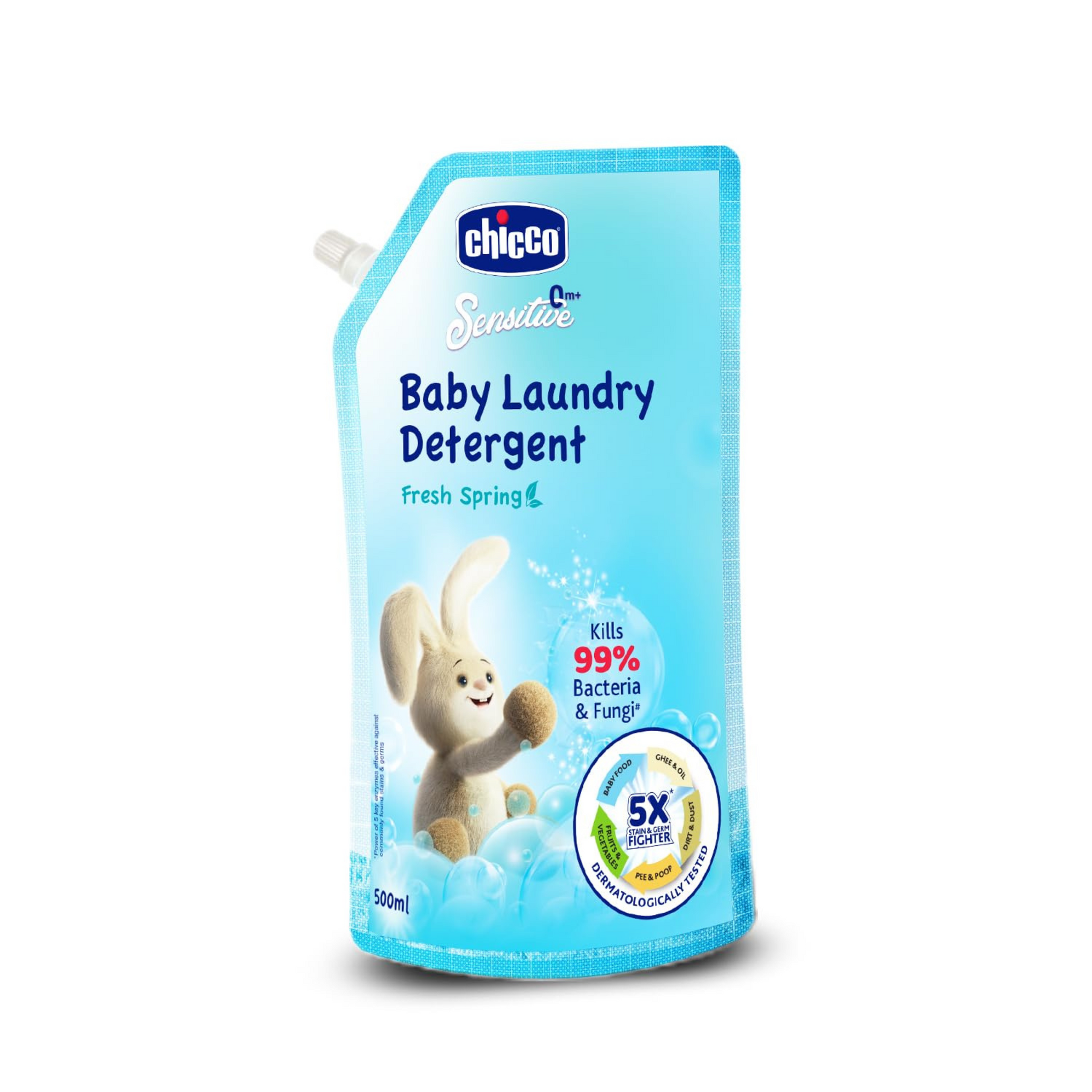 Chicco Sensitive Baby Laundry Detergent, Fresh Spring Fragrance, 500ml Refill Pack | Liquid Detergent for Baby Clothes | Kills 99% Barteria and Fungi | 5X Stain Fighter | Free From Harsh Chemicals