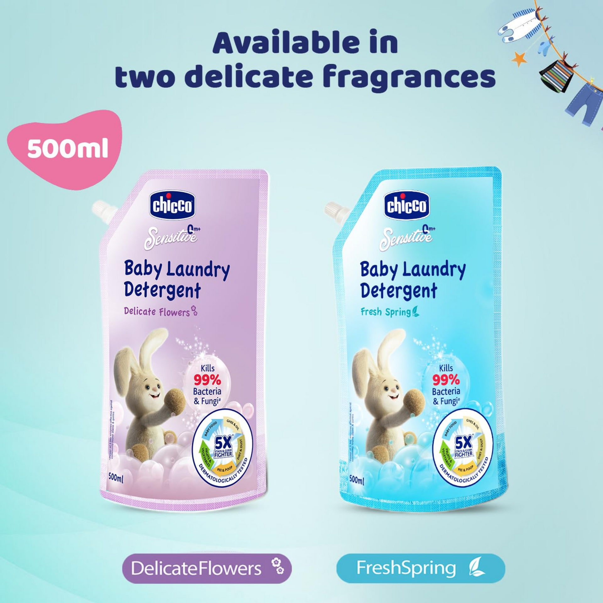 Chicco Sensitive Baby Laundry Detergent, Fresh Spring Fragrance, 500ml Refill Pack | Liquid Detergent for Baby Clothes | Kills 99% Barteria and Fungi | 5X Stain Fighter | Free From Harsh Chemicals