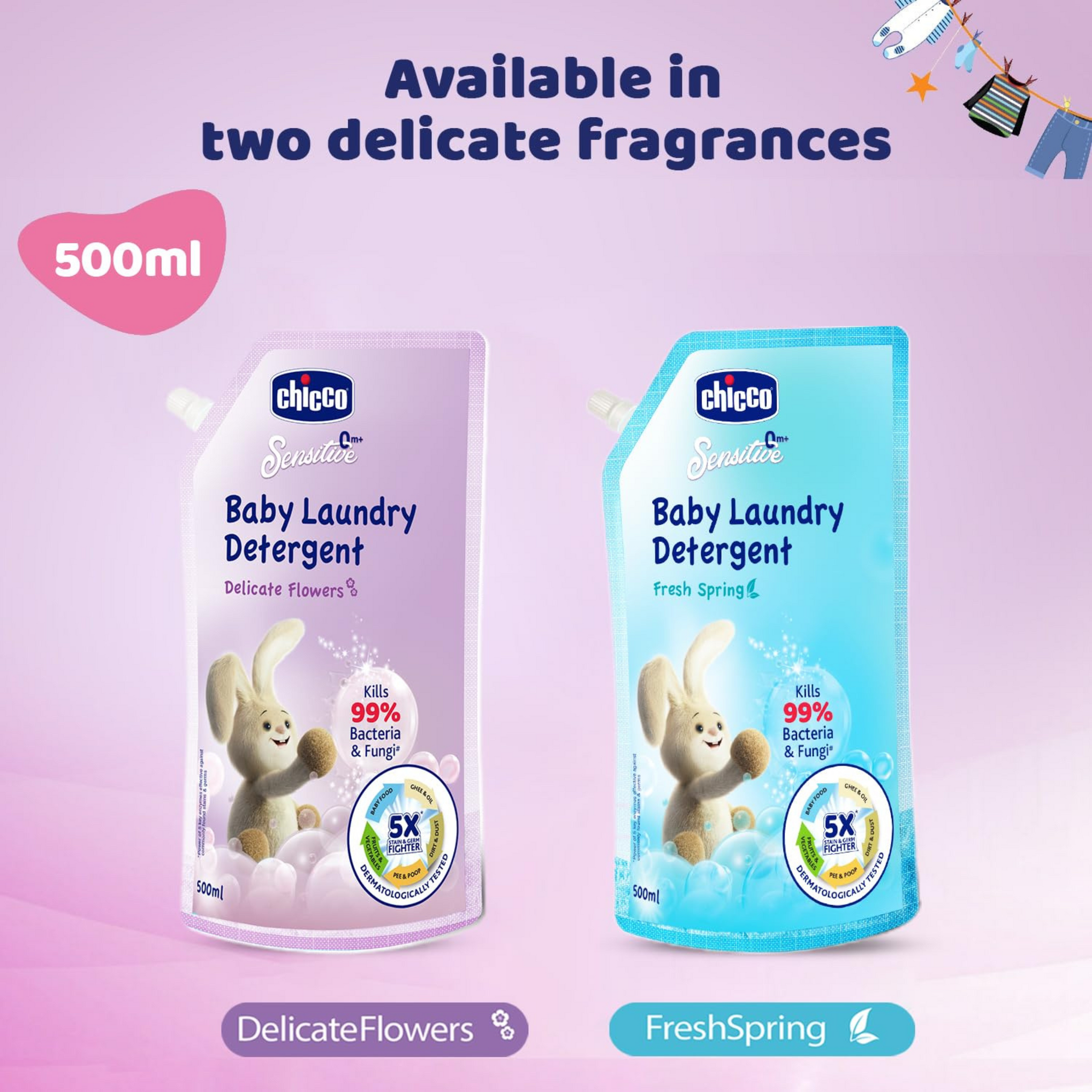 Chicco Sensitive Baby Laundry Detergent, Delicate Flowers Fragrance, 500ml Refill Pack | Liquid Detergent for Baby Clothes | Kills 99% Barteria and Fungi | 5X Stain Fighter | Free From Harsh Chemicals