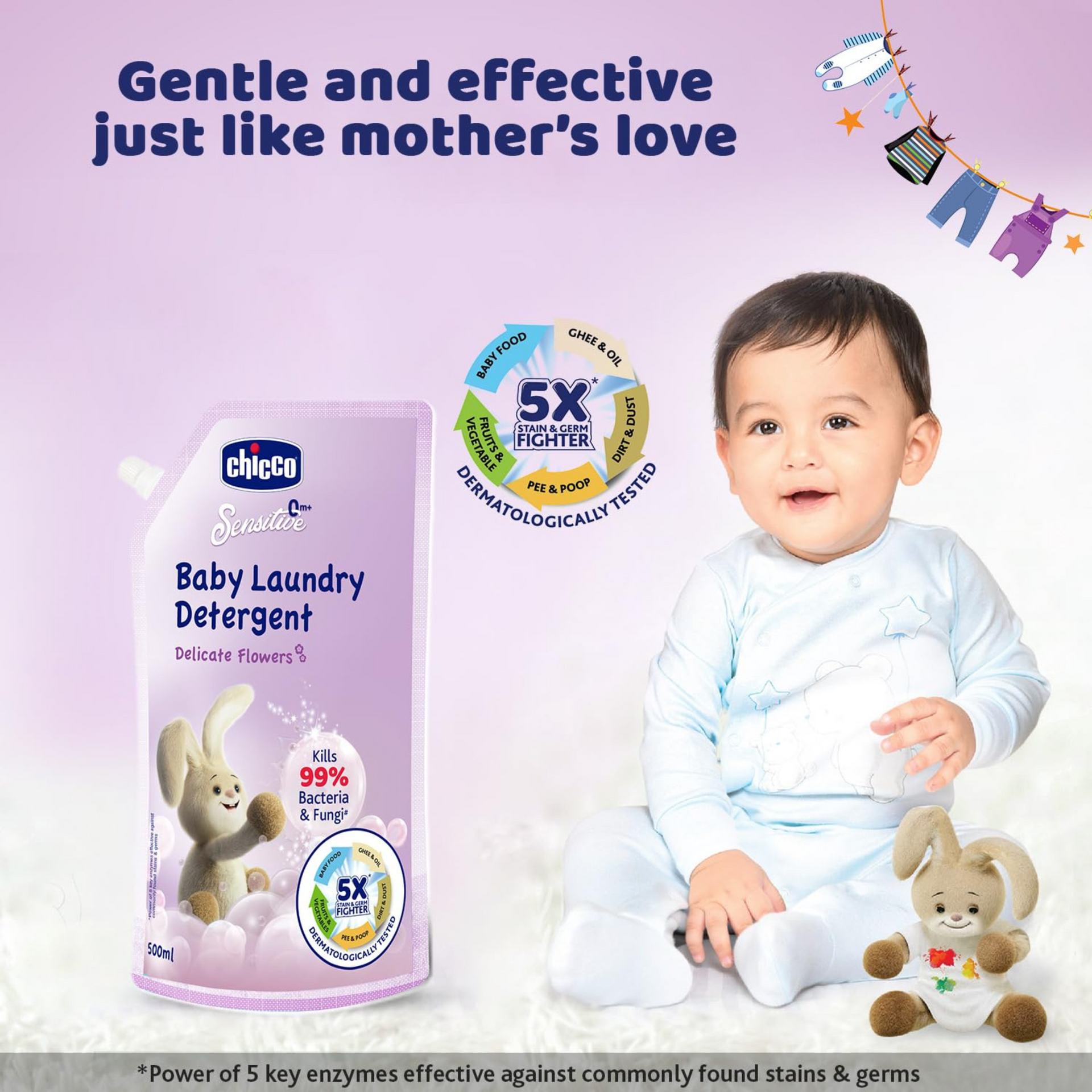 Chicco Sensitive Baby Laundry Detergent, Delicate Flowers Fragrance, 500ml Refill Pack | Liquid Detergent for Baby Clothes | Kills 99% Barteria and Fungi | 5X Stain Fighter | Free From Harsh Chemicals