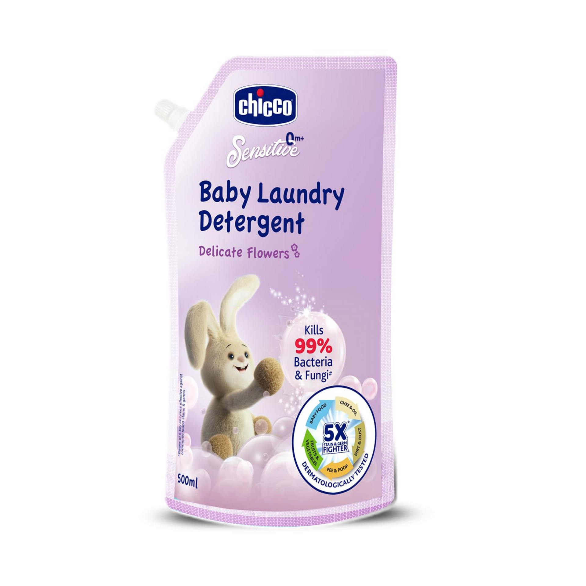 Chicco Sensitive Baby Laundry Detergent, Delicate Flowers Fragrance, 500ml Refill Pack | Liquid Detergent for Baby Clothes | Kills 99% Barteria and Fungi | 5X Stain Fighter | Free From Harsh Chemicals