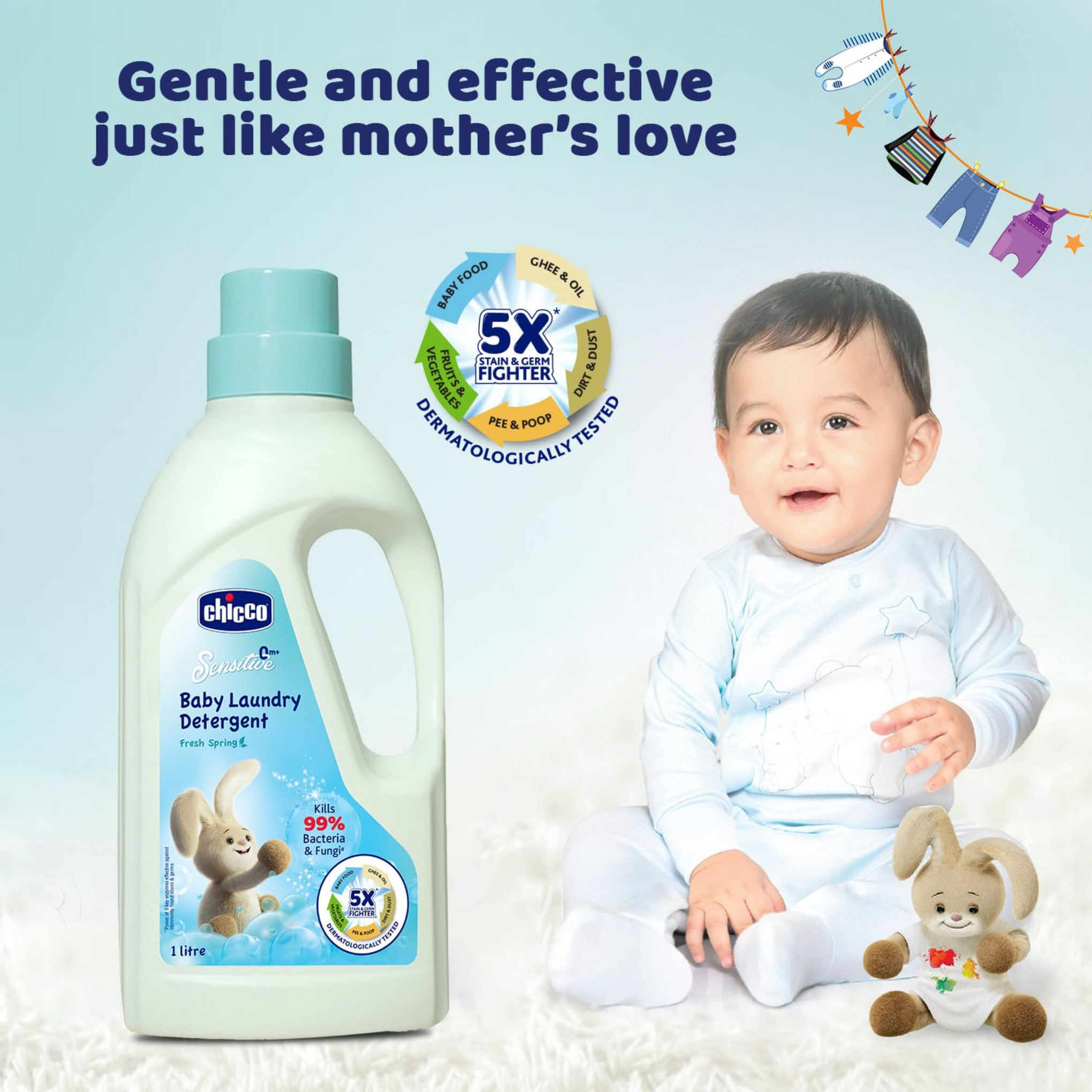 Chicco Sensitive Baby Laundry Detergent, Fresh Spring Fragrance, 1L | Liquid Detergent for Baby Clothes | Kills 99% Barteria and Fungi | 5X Stain Fighter | Free From Harsh Chemicals & Colorants