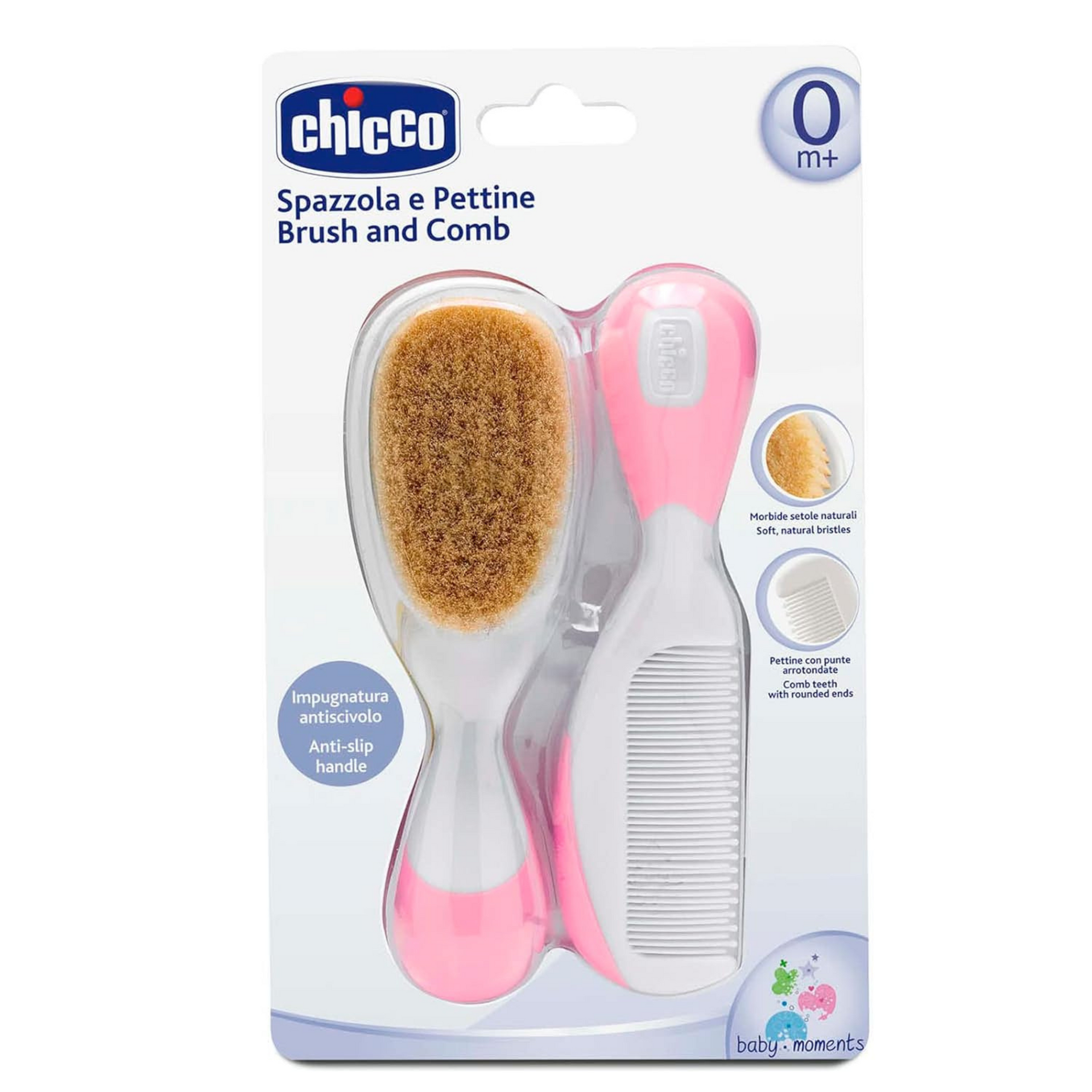 Chicco Baby Hair Brush and Comb Combo for Newborn and Toddler Grooming | Soft Natural and Rounded Bristles | Anti-Slip Handle