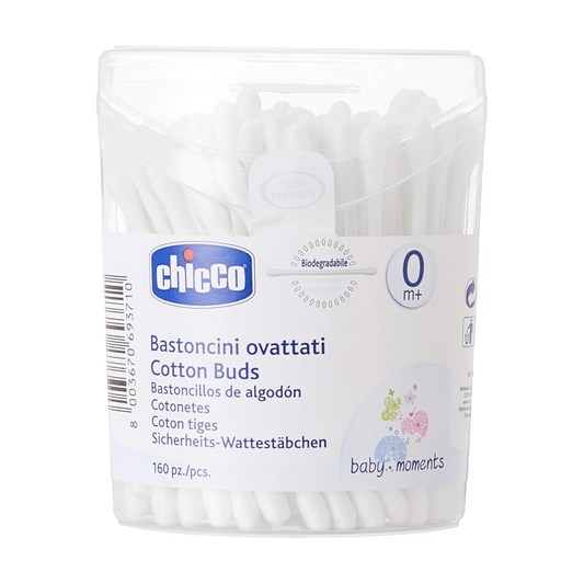 Chicco Cotton Buds, 160 Pieces | For Baby Ear Cleaning | Made Of Paper Stem | Safe and Hygienic | Biodegredable